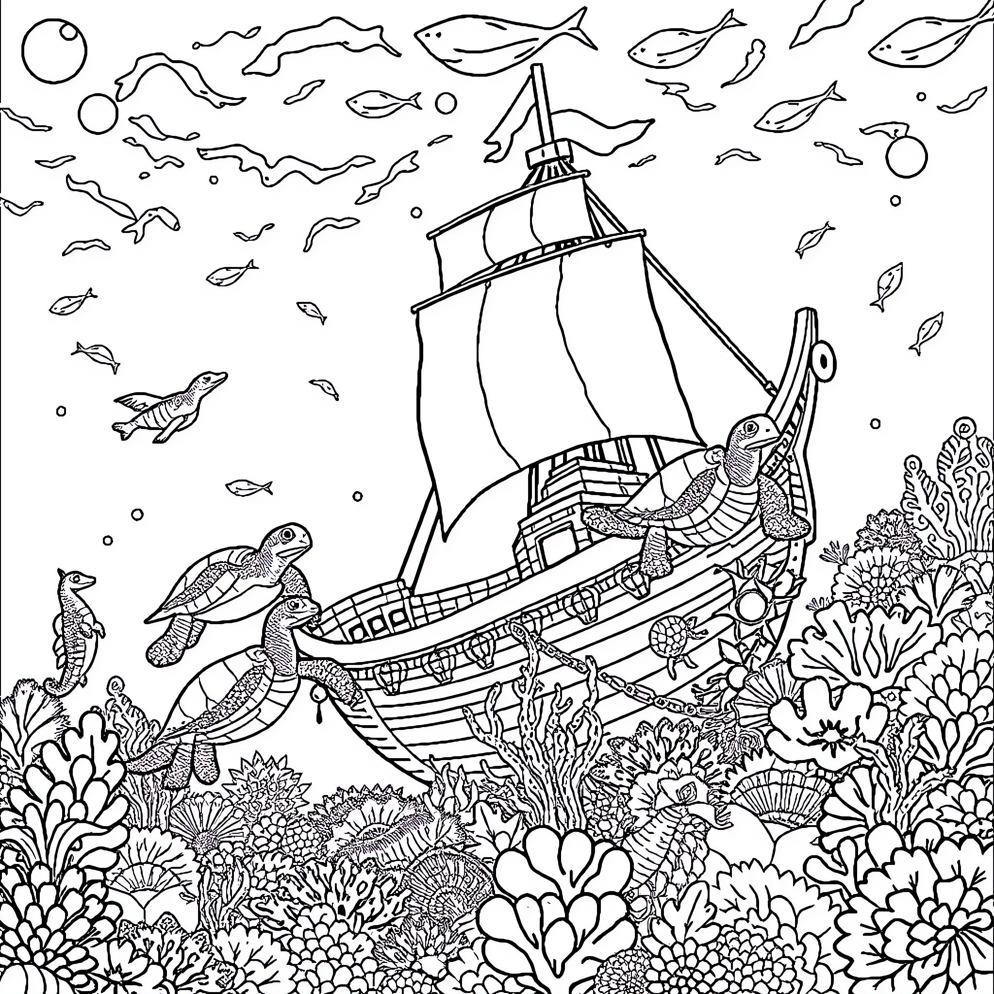 Turtle sailing on an adventurous ship in the ocean Coloring Page (free black-and-white line drawing printable PDF for all, from beginners to advanced learners, including children, teens, adults, and seniors)
