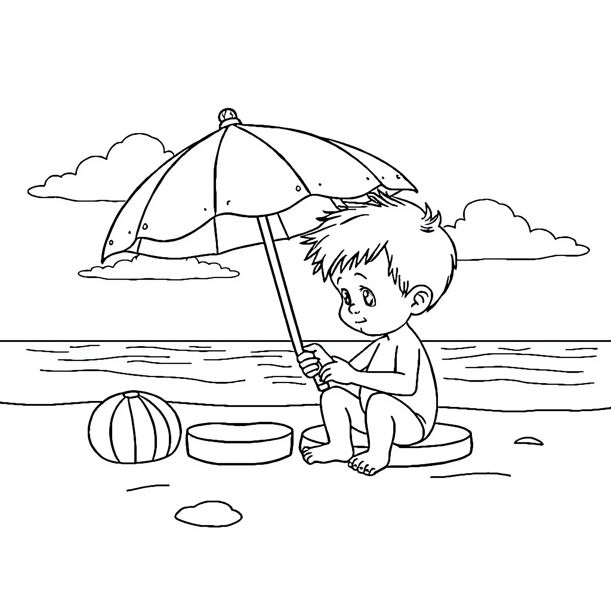 Stitch playing at the beach with umbrella Coloring Page (free black-and-white line drawing printable PDF for all, from beginners to advanced learners, including children, teens, adults, and seniors)