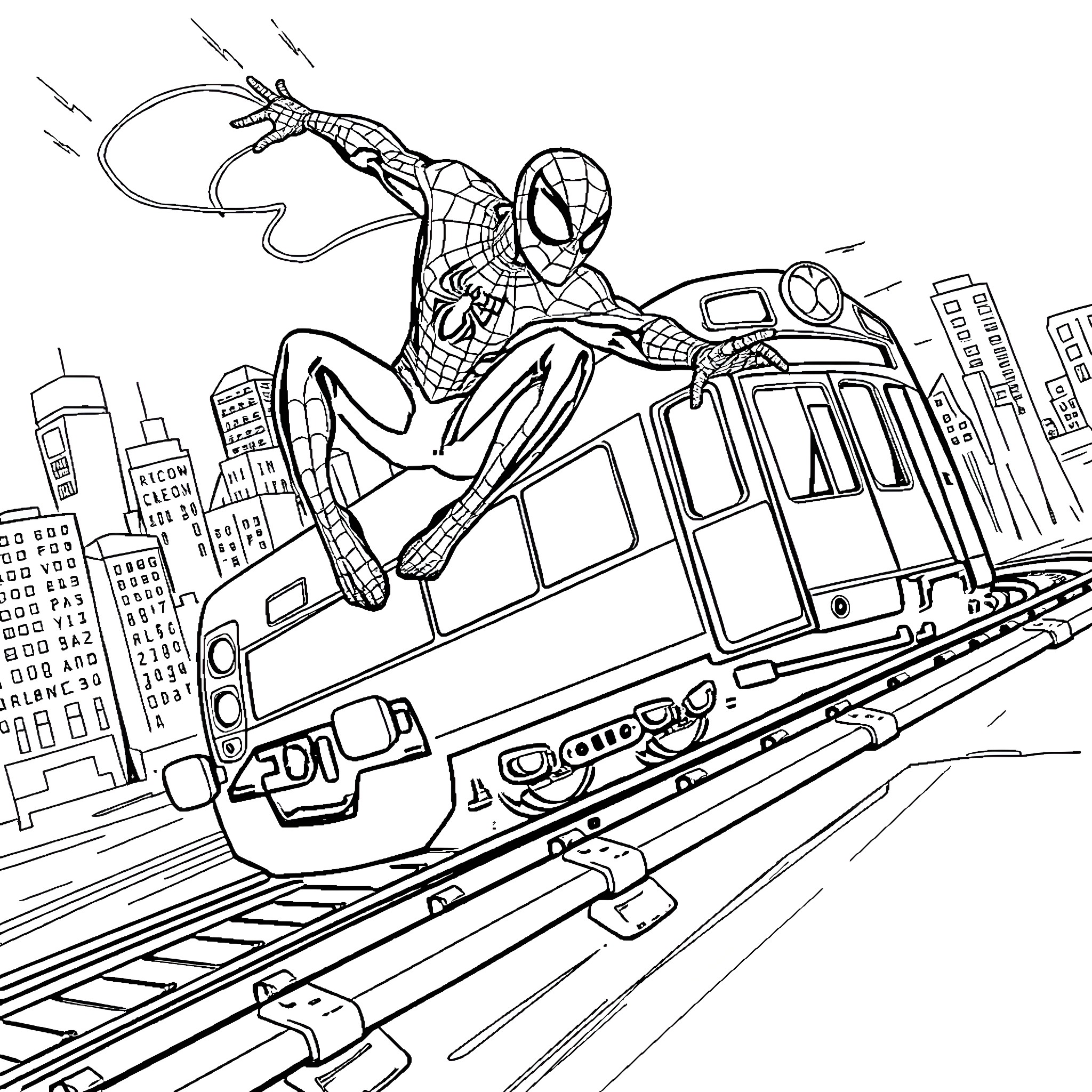 Spider-Man swinging through the city on a tram Coloring Page (free black-and-white line drawing printable PDF for all, from beginners to advanced learners, including children, teens, adults, and seniors)