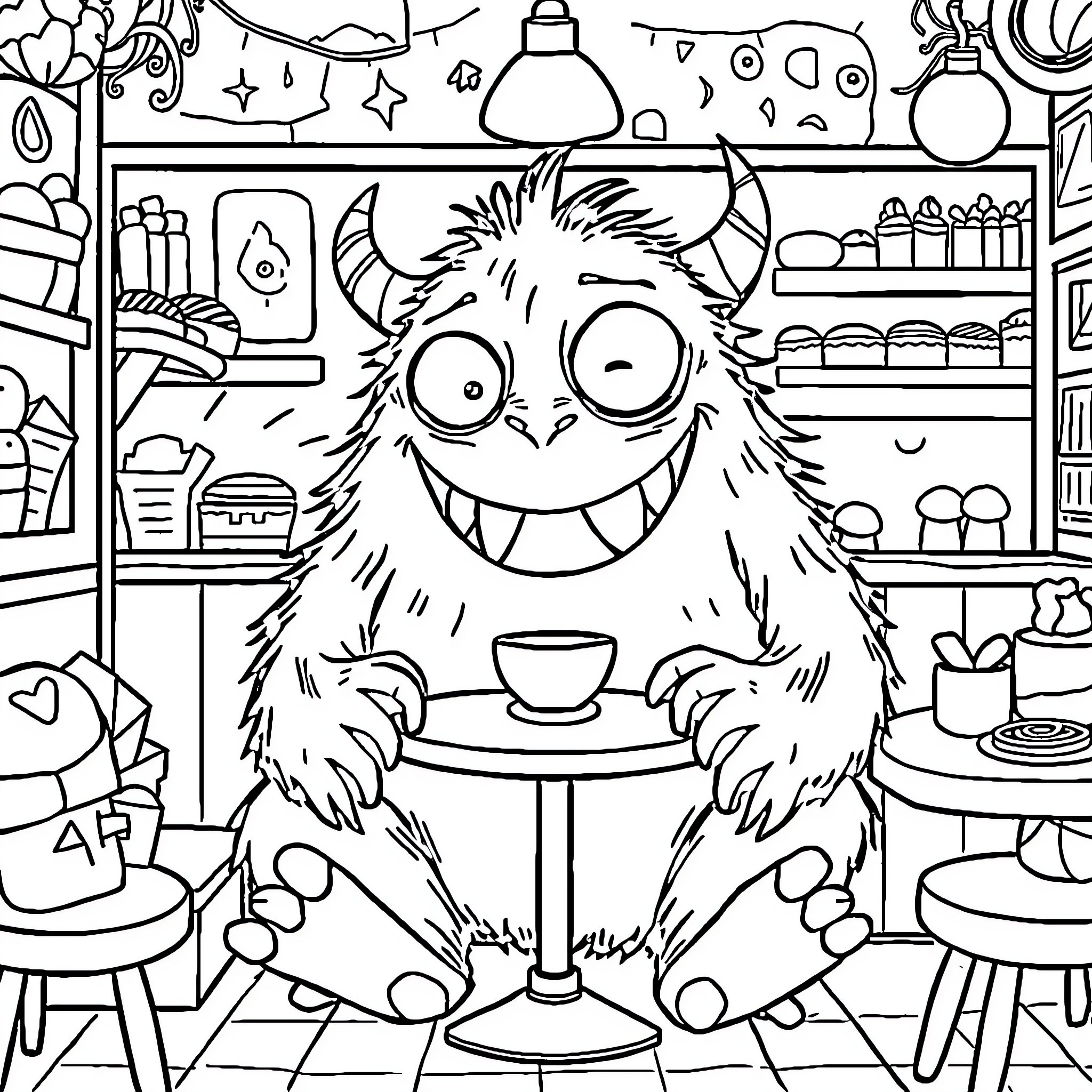 Monster enjoying snacks in a cozy shop Coloring Page (free black-and-white line drawing printable PDF for all, from beginners to advanced learners, including children, teens, adults, and seniors)