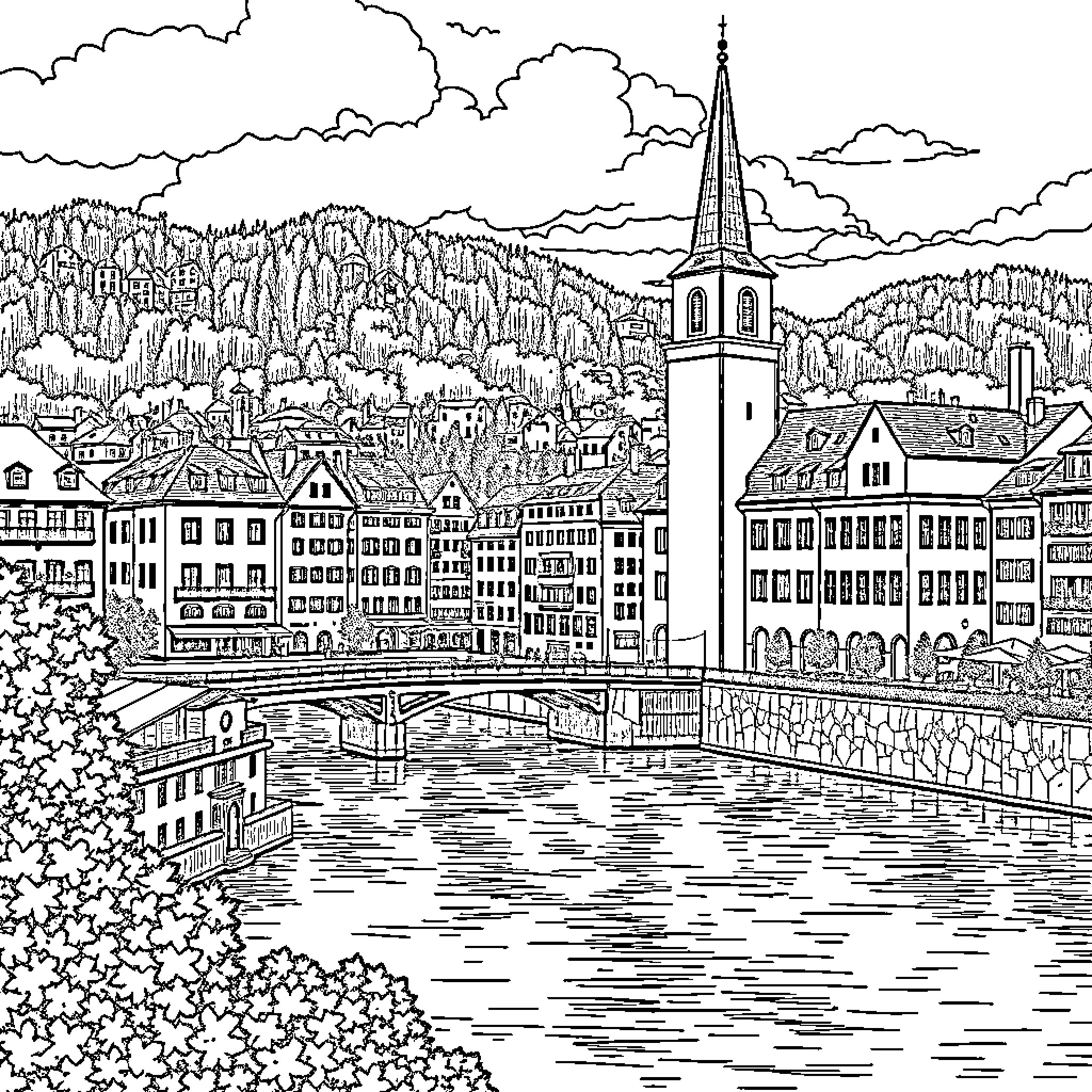 Zürich: Cityscape with Church Spire and Riverfront Coloring Page (free black-and-white line drawing printable PDF for all, from beginners to advanced learners, including children, teens, adults, and seniors)
