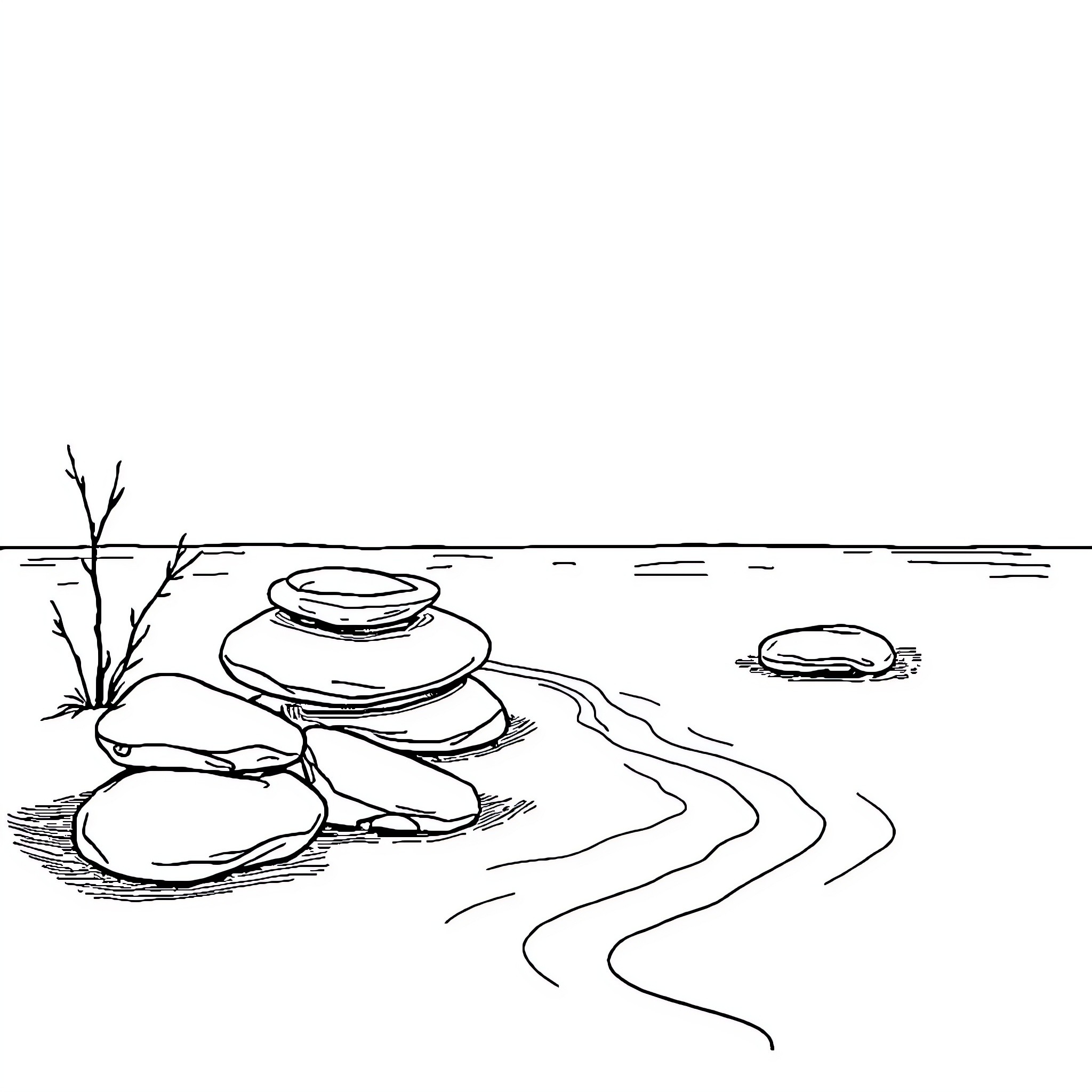 Zen tranquil landscape with stacked stones Coloring Page (free black-and-white line drawing printable PDF for all, from beginners to advanced learners, including children, teens, adults, and seniors)