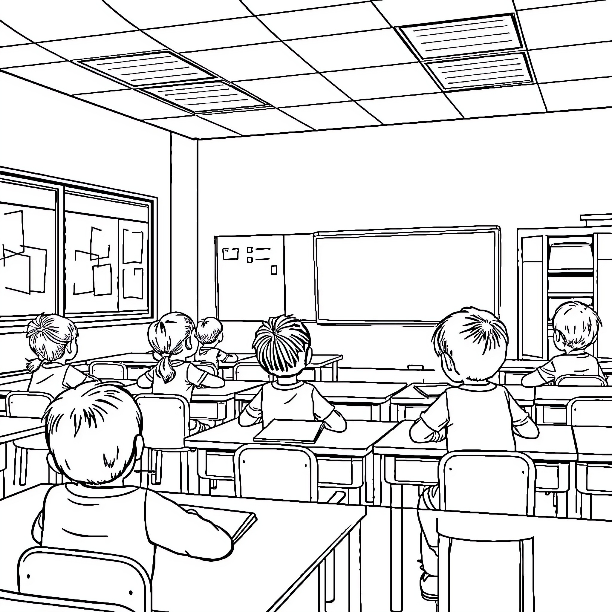 Child students in a classroom setting Coloring Page (free black-and-white line drawing printable PDF for all, from beginners to advanced learners, including children, teens, adults, and seniors)
