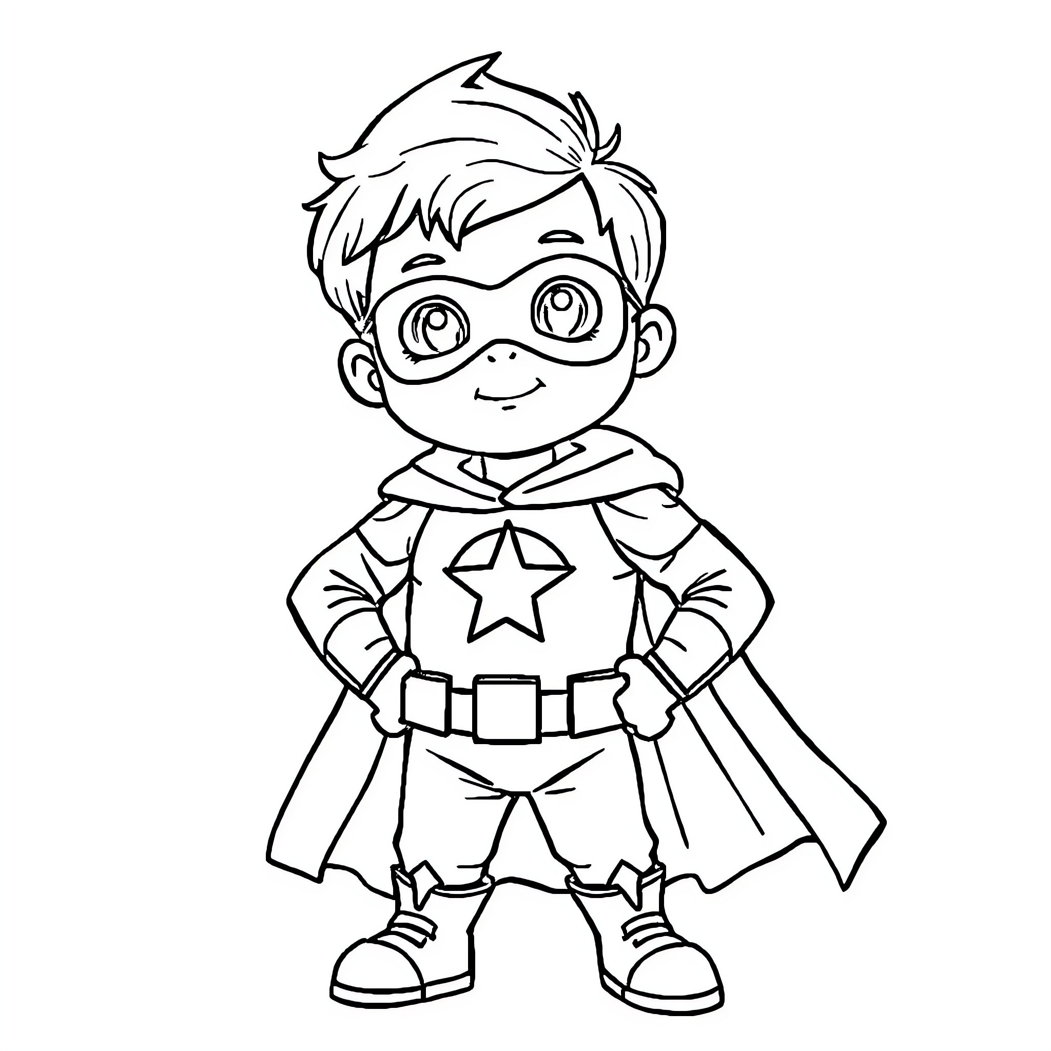Superhero Boy with Costume and Mask Coloring Page (free black-and-white line drawing printable PDF for all, from beginners to advanced learners, including children, teens, adults, and seniors)