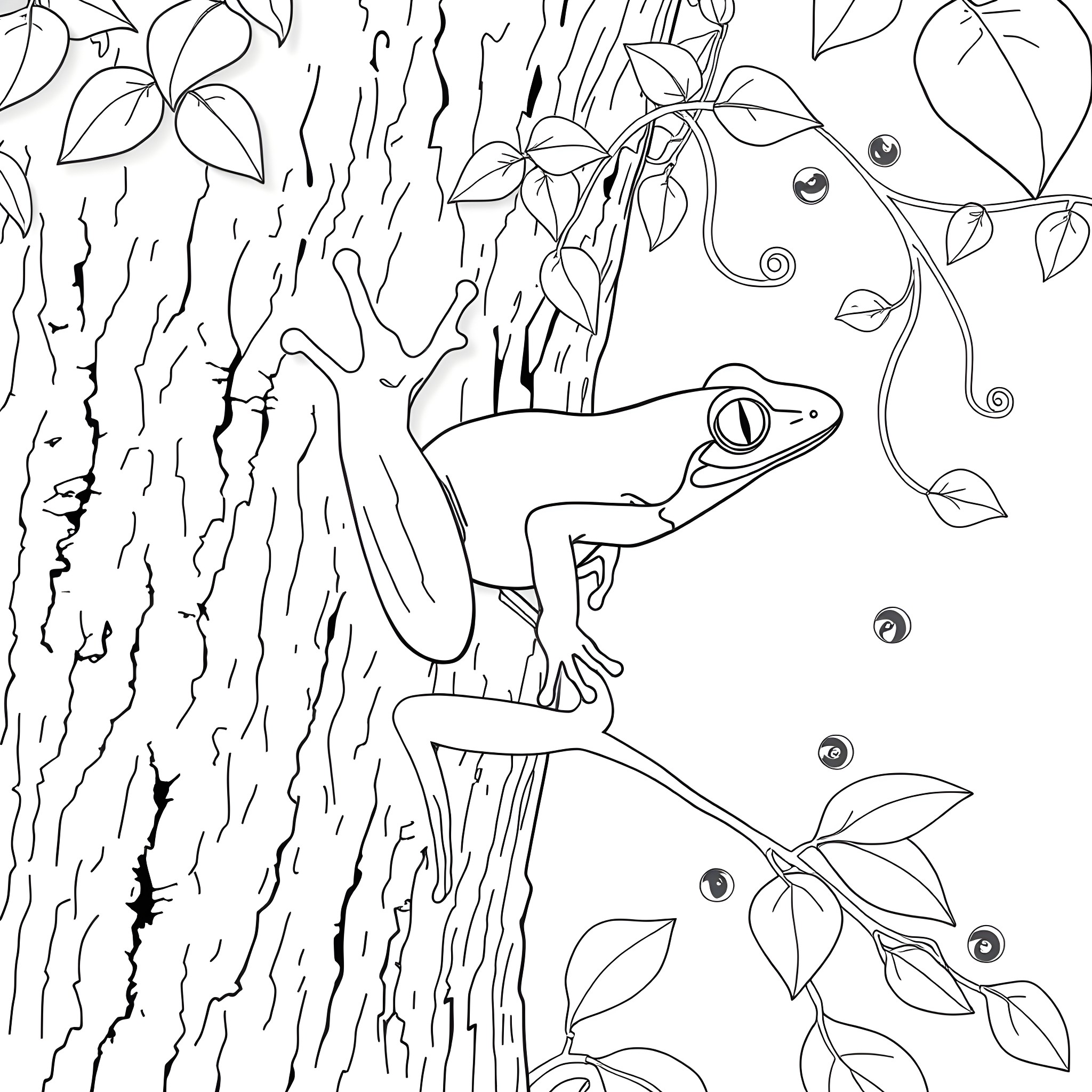 Frog Peeking from Lush Foliage Coloring Page (free black-and-white line drawing printable PDF for all, from beginners to advanced learners, including children, teens, adults, and seniors)