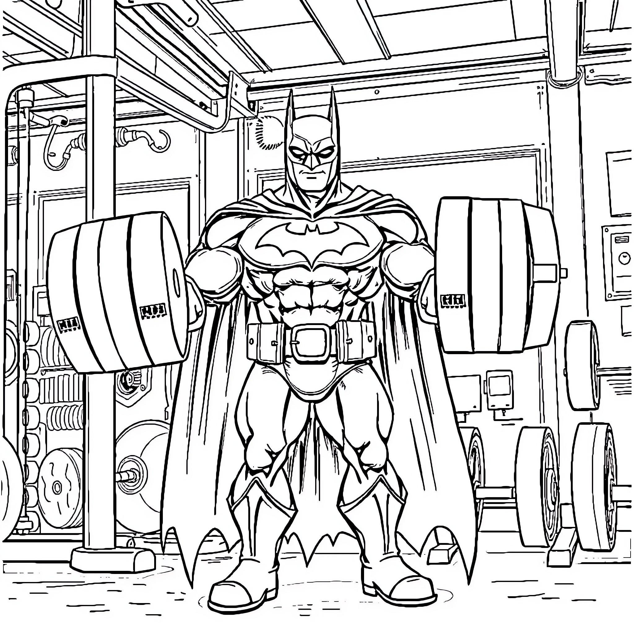 Butman in a Heroic Workout Pose Coloring Page (free black-and-white line drawing printable PDF for all, from beginners to advanced learners, including children, teens, adults, and seniors)