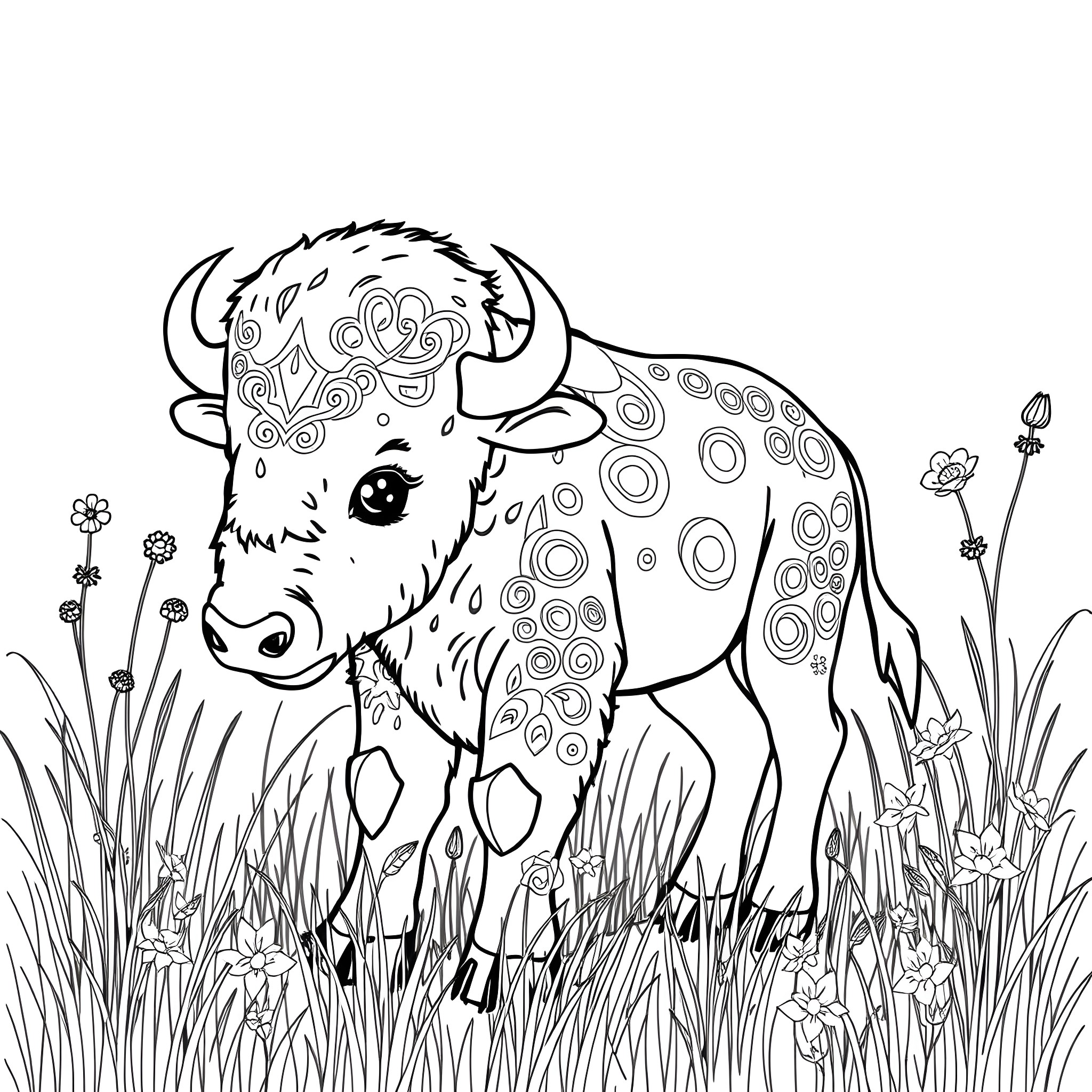 Buffalo standing peacefully in the meadow Coloring Page (free black-and-white line drawing printable PDF for all, from beginners to advanced learners, including children, teens, adults, and seniors)