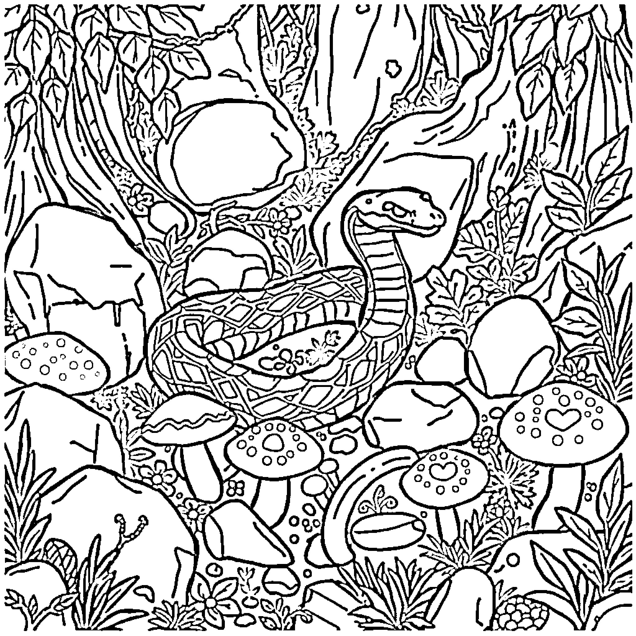 Snake slithering through enchanted forest Coloring Page (free black-and-white line drawing printable PDF for all, from beginners to advanced learners, including children, teens, adults, and seniors)