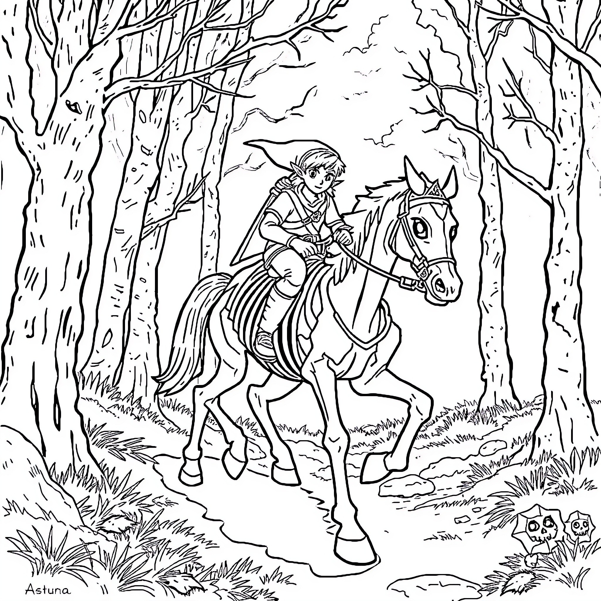 Link riding a horse through a dark forest Coloring Page (free black-and-white line drawing printable PDF for all, from beginners to advanced learners, including children, teens, adults, and seniors)