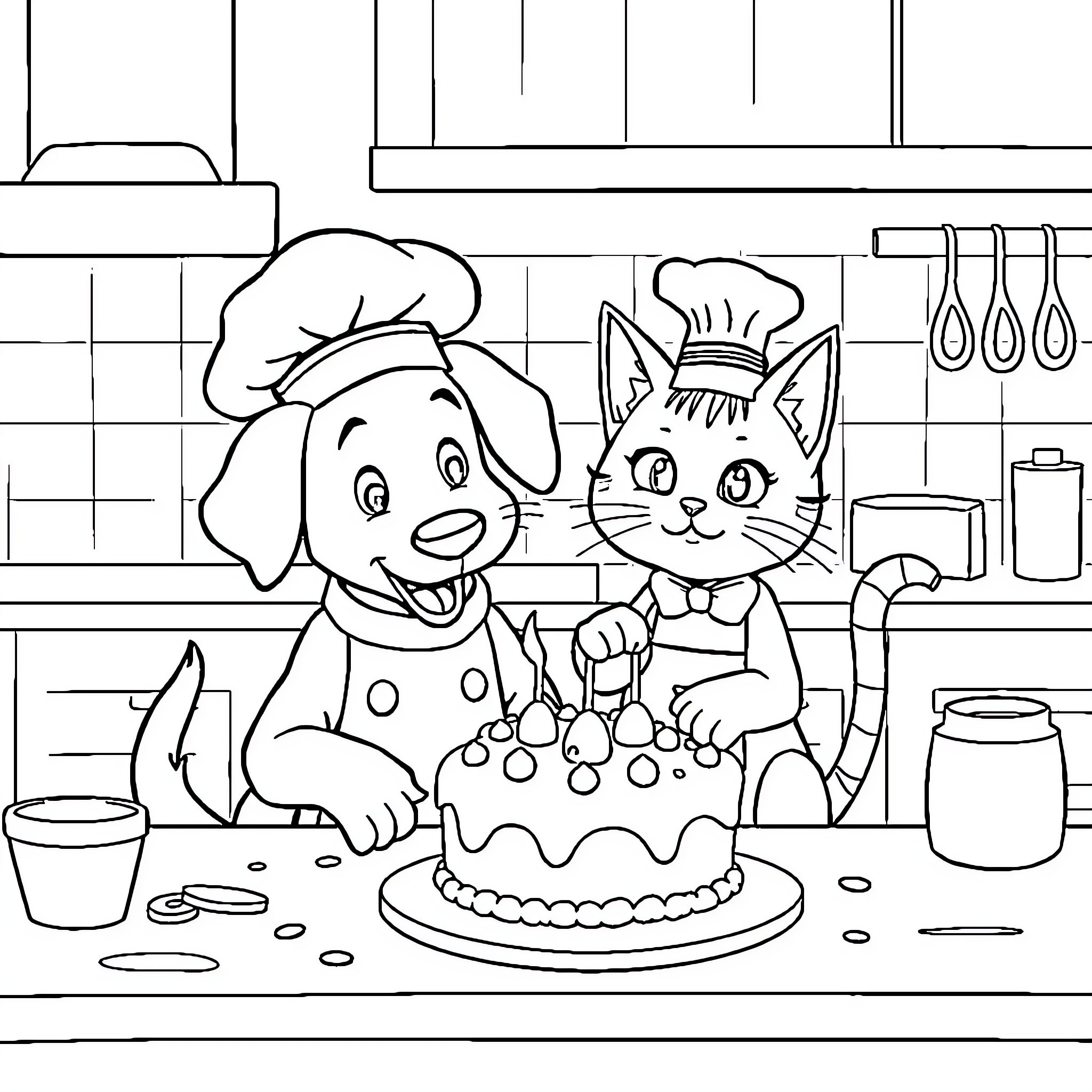 Dog and Cat Baking Together in the Kitchen Coloring Page (free black-and-white line drawing printable PDF for all, from beginners to advanced learners, including children, teens, adults, and seniors)
