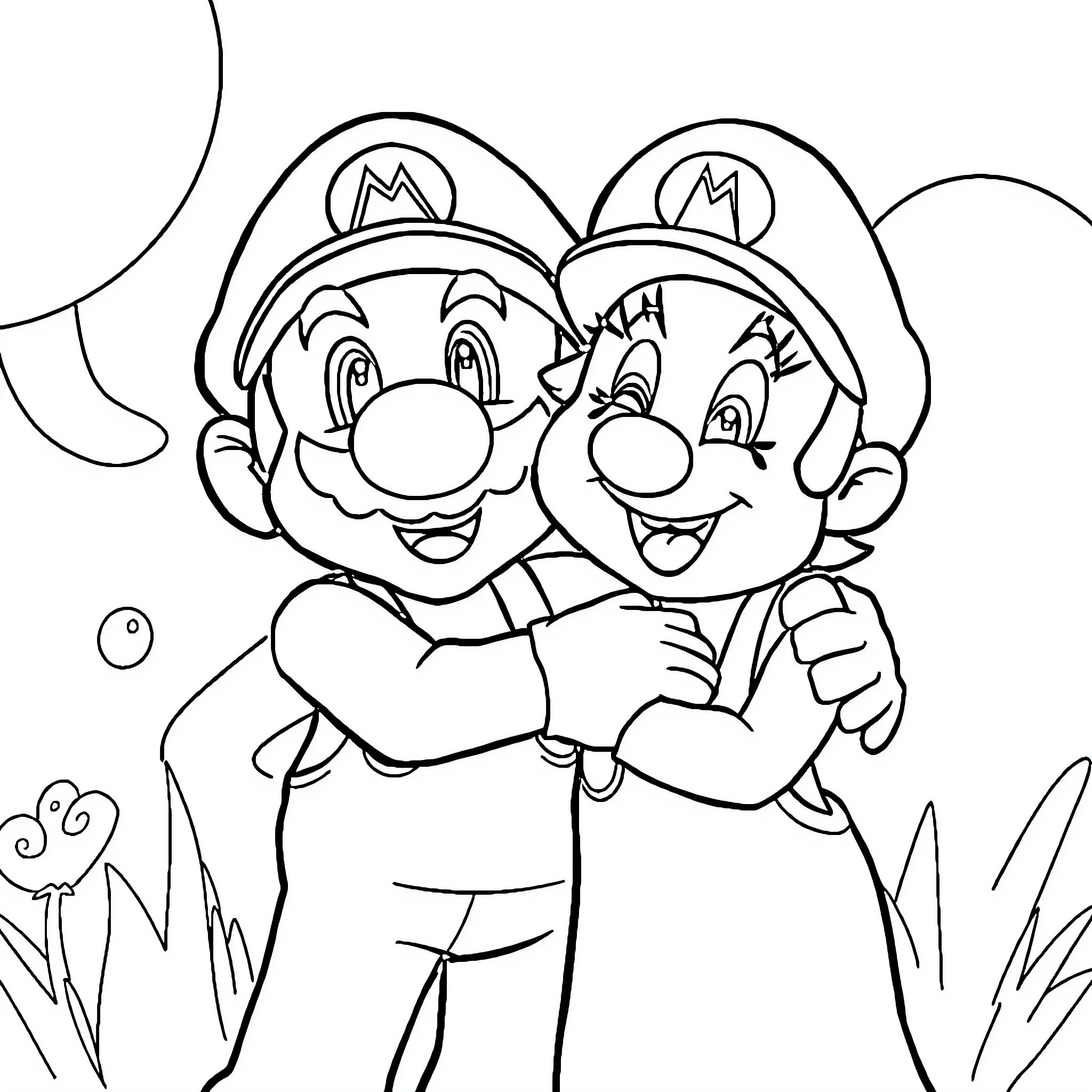 Mario and Luigi embracing happily in the park Coloring Page (free black-and-white line drawing printable PDF for all, from beginners to advanced learners, including children, teens, adults, and seniors)