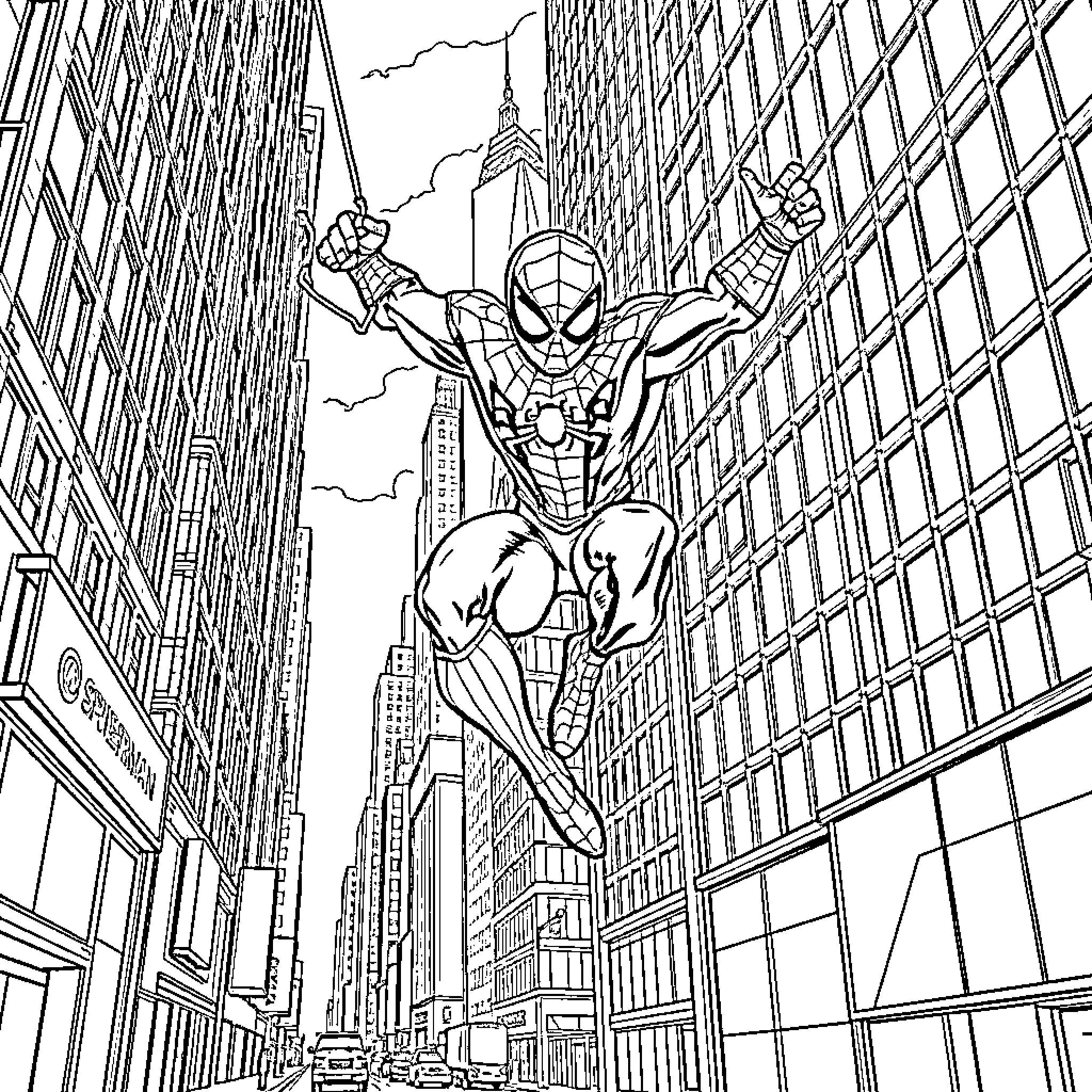Spiderman swinging through the city skyline Coloring Page (free black-and-white line drawing printable PDF for all, from beginners to advanced learners, including children, teens, adults, and seniors)