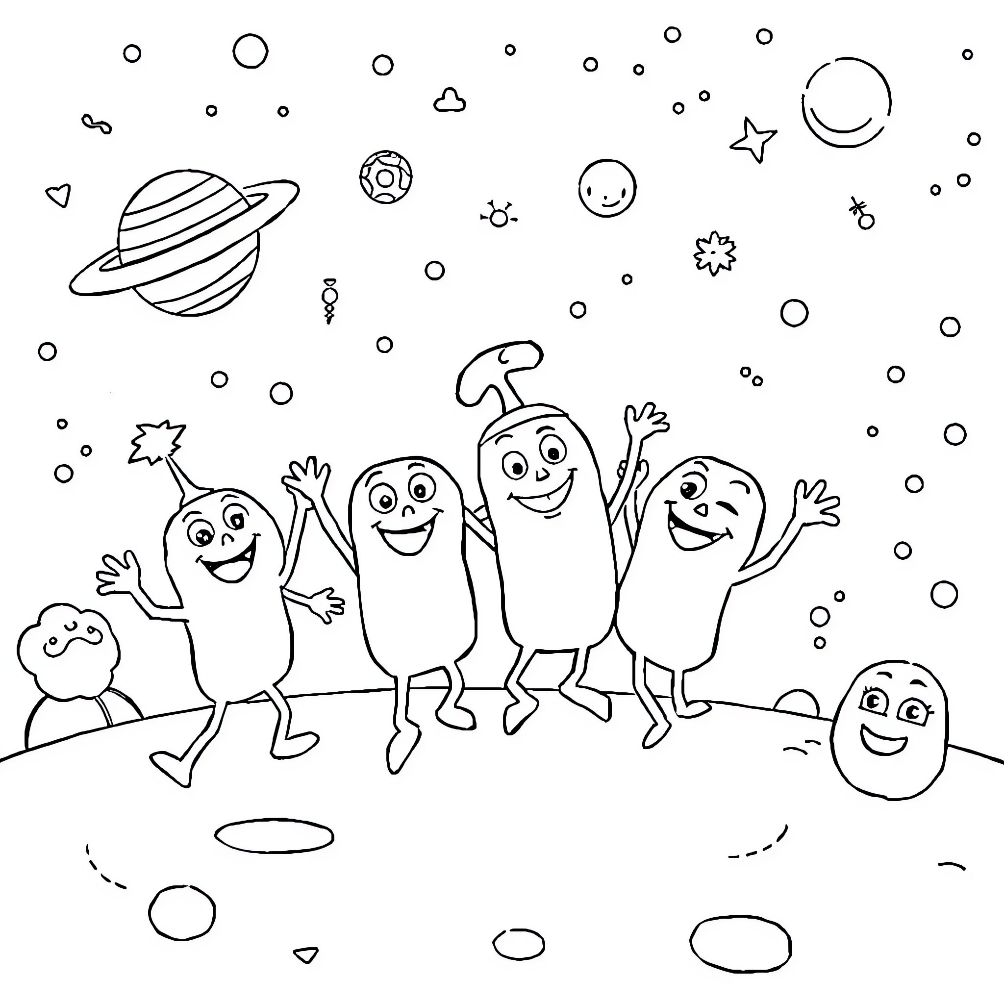 Yo Gabba Gabba Characters Jumping Happily in Outer Space Coloring Page (free black-and-white line drawing printable PDF for all, from beginners to advanced learners, including children, teens, adults, and seniors)