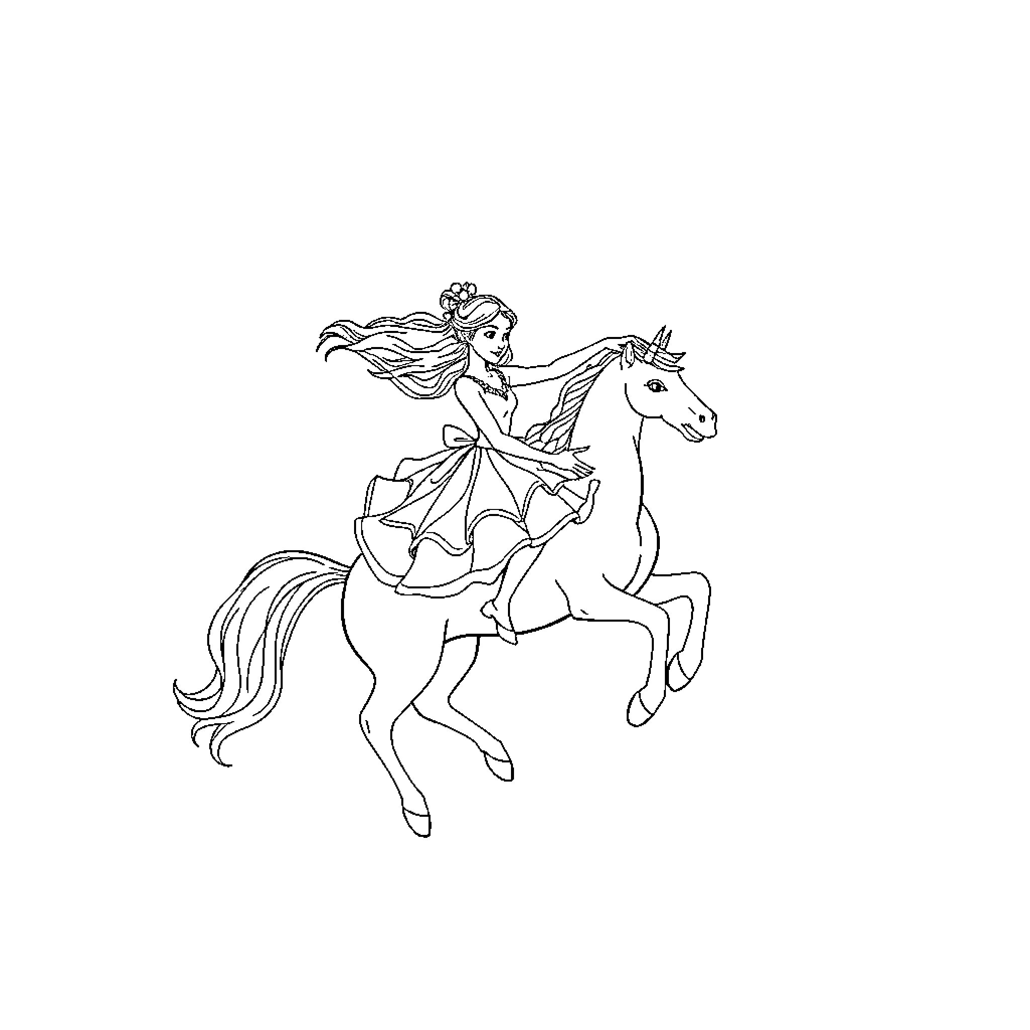 Ballerina riding gracefully on a white horse Coloring Page (free black-and-white line drawing printable PDF for all, from beginners to advanced learners, including children, teens, adults, and seniors)