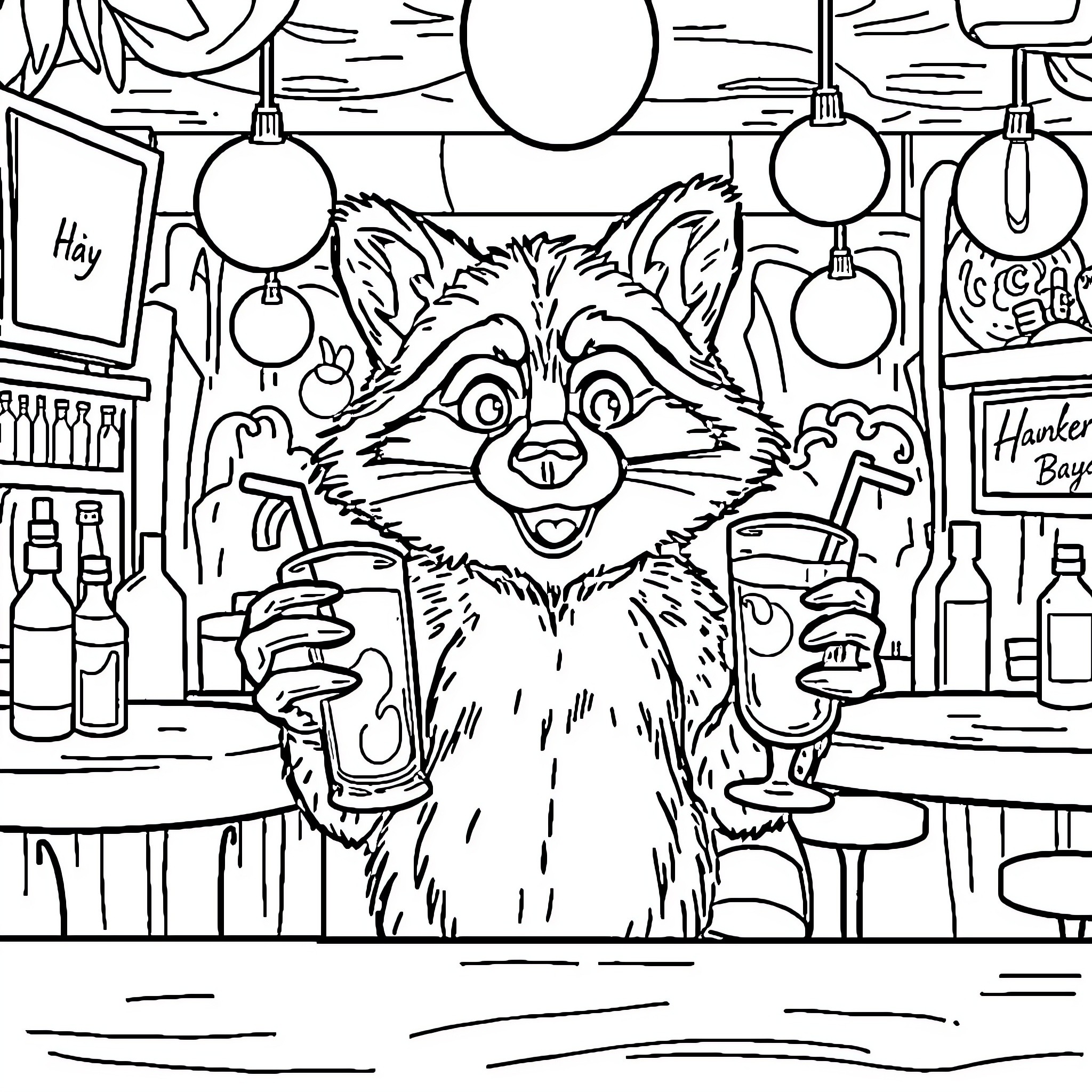 Raccoon enjoying drinks at the bar Coloring Page (free black-and-white line drawing printable PDF for all, from beginners to advanced learners, including children, teens, adults, and seniors)