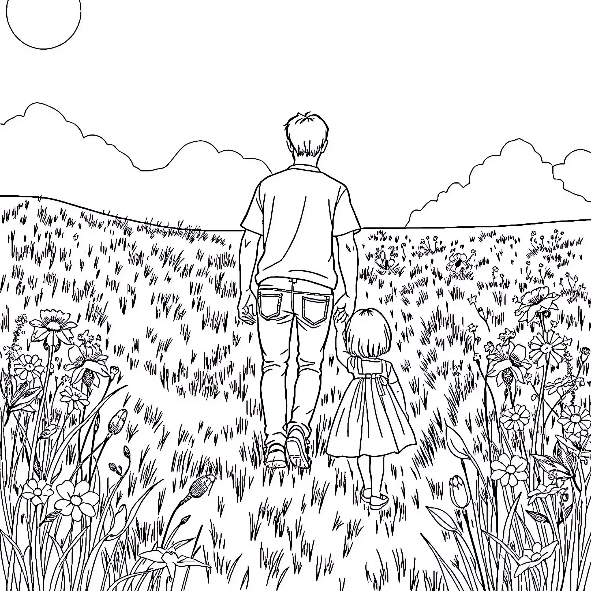 Girl walking through a flower-filled meadow Coloring Page (free black-and-white line drawing printable PDF for all, from beginners to advanced learners, including children, teens, adults, and seniors)