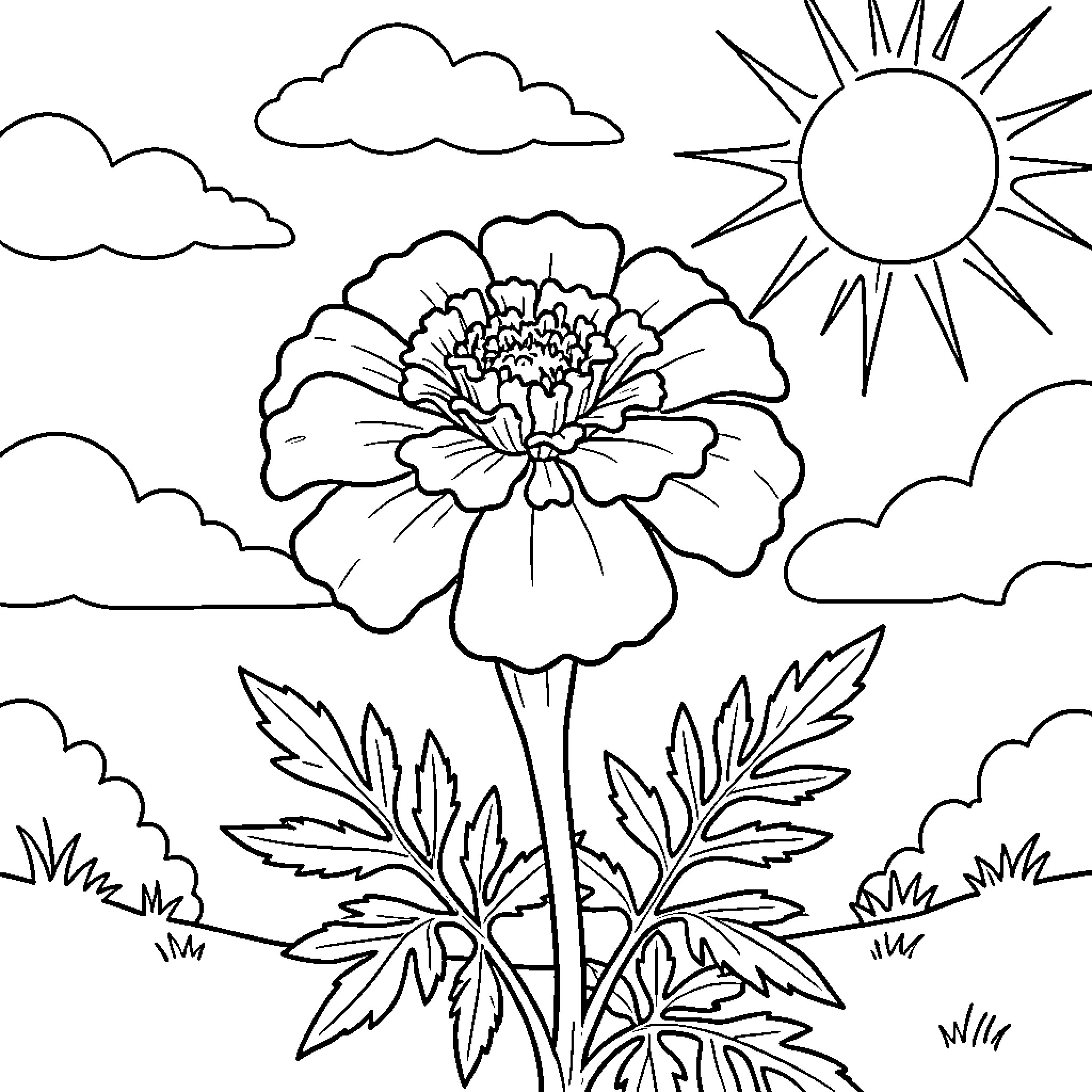 Marigold blooming in the sunny meadow Coloring Page (free black-and-white line drawing printable PDF for all, from beginners to advanced learners, including children, teens, adults, and seniors)