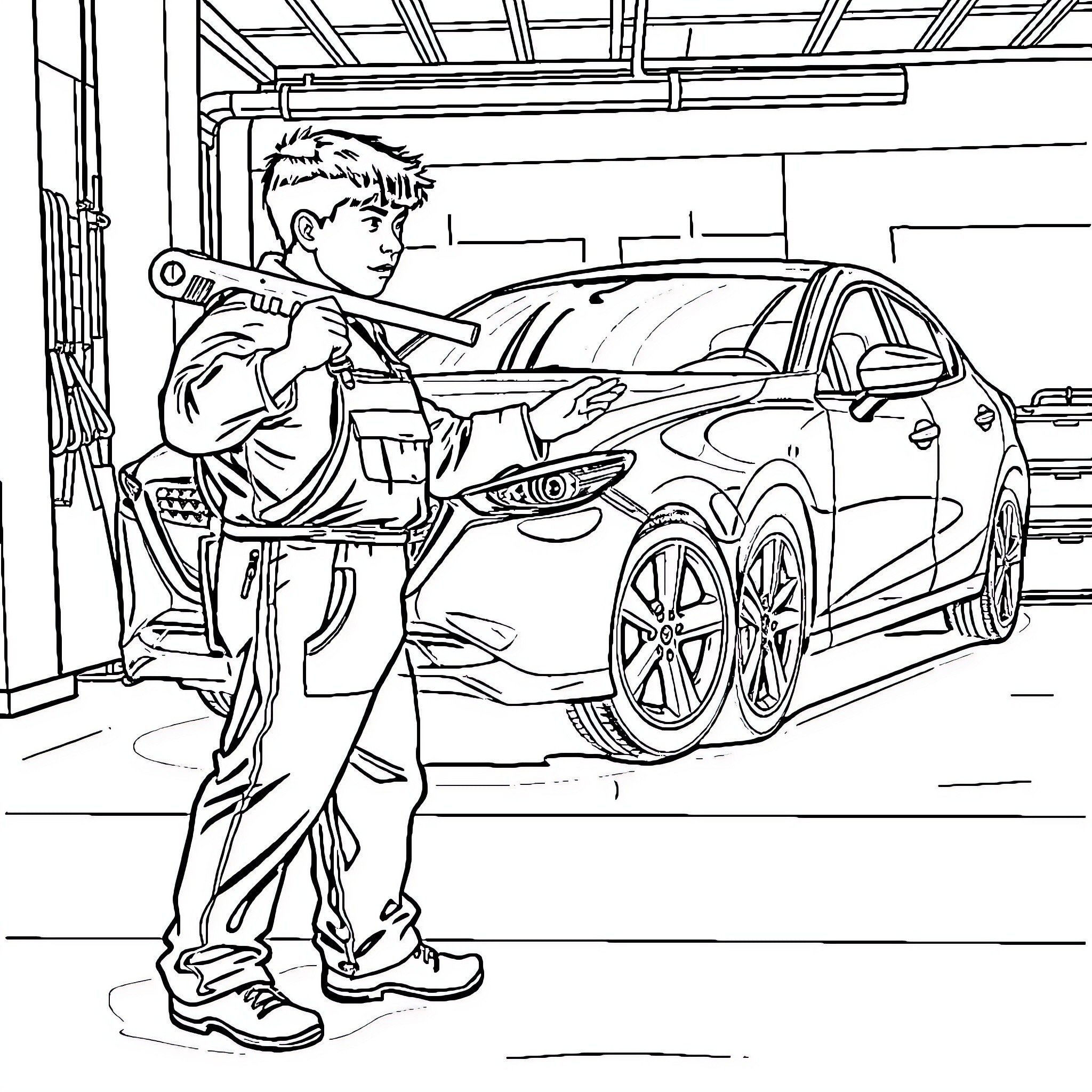 Mechanic inspecting and repairing a car in the garage Coloring Page (free black-and-white line drawing printable PDF for all, from beginners to advanced learners, including children, teens, adults, and seniors)