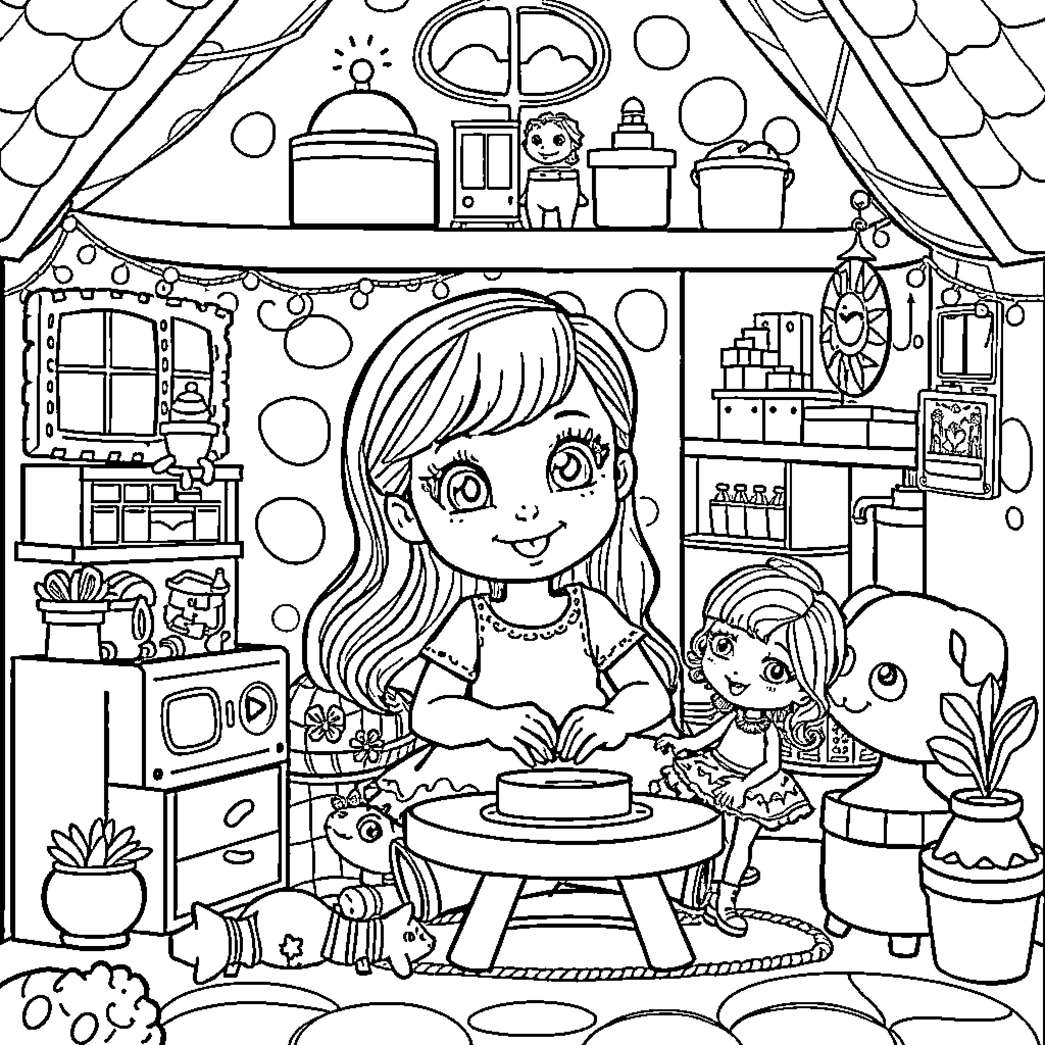 Gabby's Fun-Filled Playhouse Adventure Coloring Page (free black-and-white line drawing printable PDF for all, from beginners to advanced learners, including children, teens, adults, and seniors)