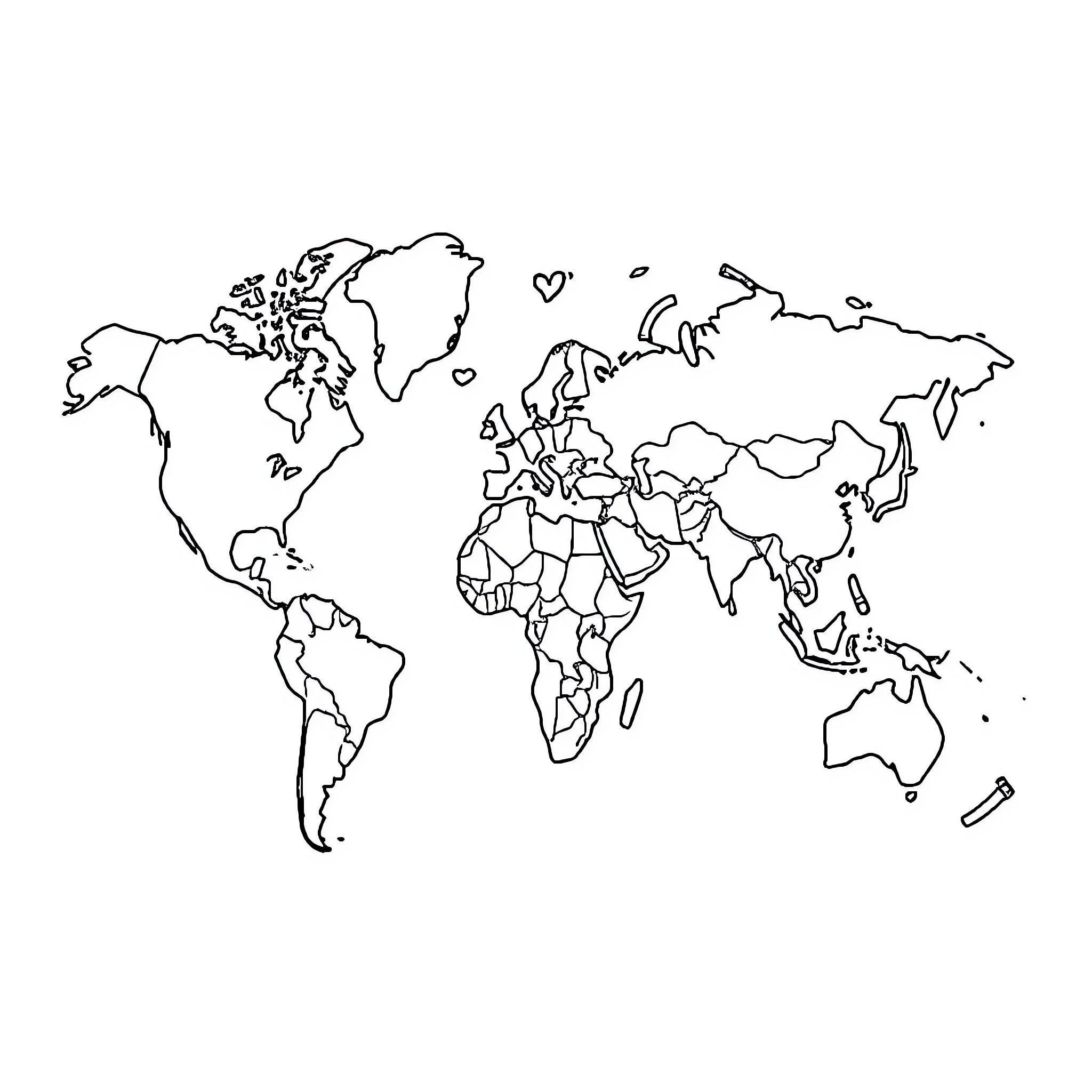World Map with Simplified Continents and Regions Coloring Page (free black-and-white line drawing printable PDF for all, from beginners to advanced learners, including children, teens, adults, and seniors)