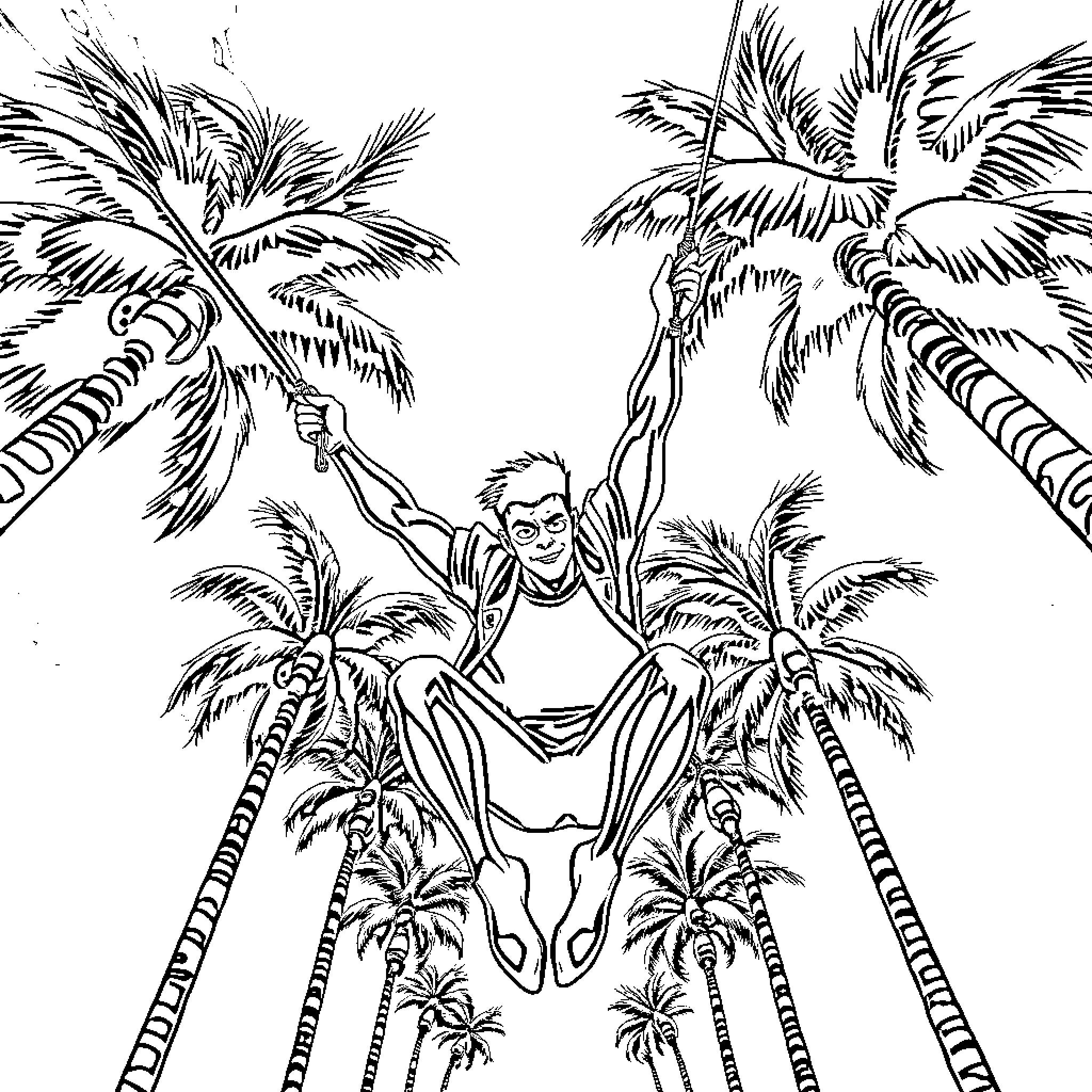 Miles Morales swinging through the palm trees Coloring Page (free black-and-white line drawing printable PDF for all, from beginners to advanced learners, including children, teens, adults, and seniors)