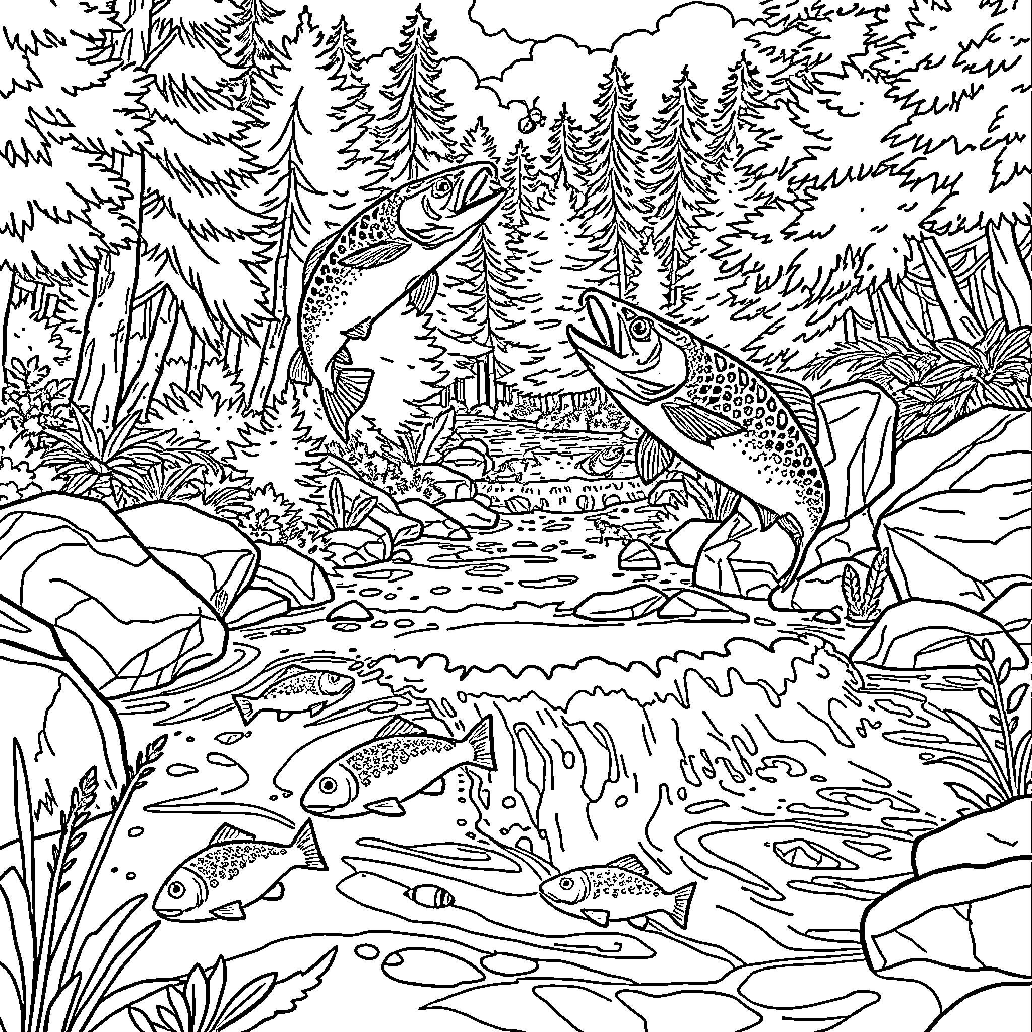 River Teeming with Aquatic Life in Wooded Landscape Coloring Page (free black-and-white line drawing printable PDF for all, from beginners to advanced learners, including children, teens, adults, and seniors)