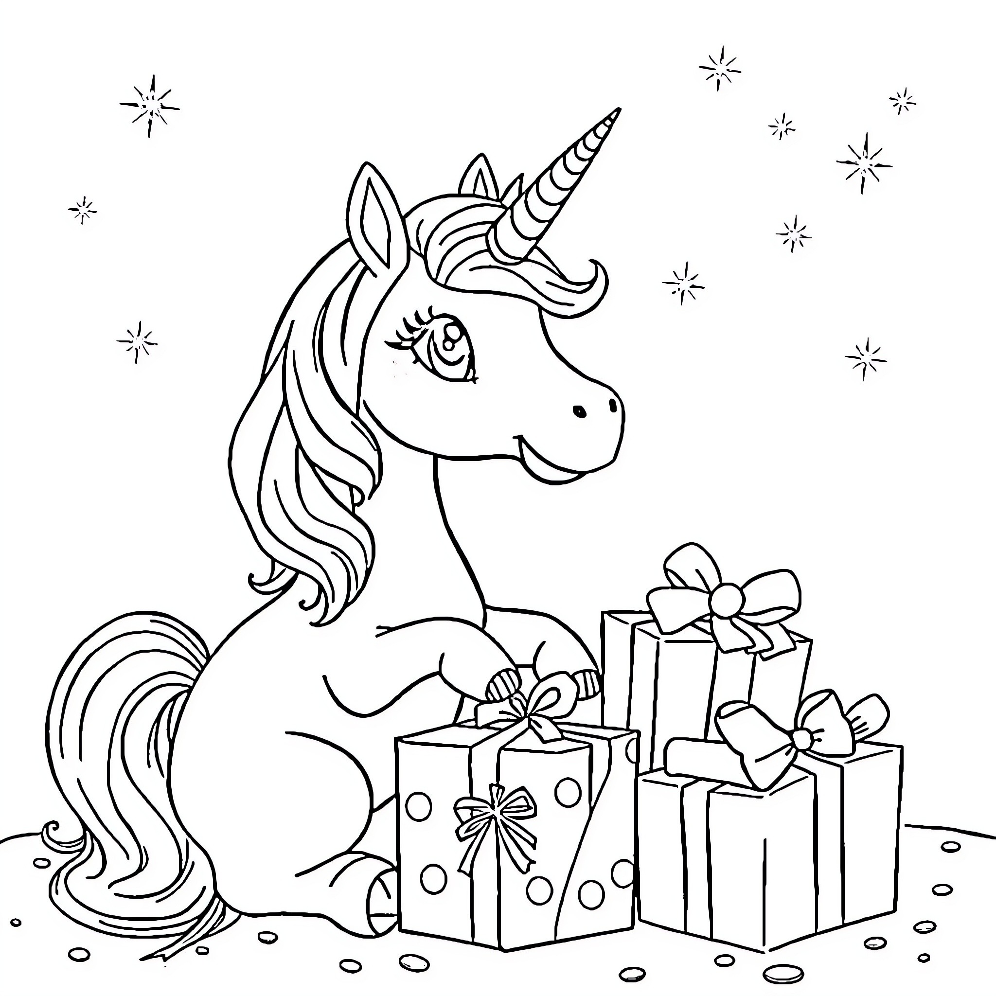 Unicorn surrounded by magical gifts and stars Coloring Page (free black-and-white line drawing printable PDF for all, from beginners to advanced learners, including children, teens, adults, and seniors)