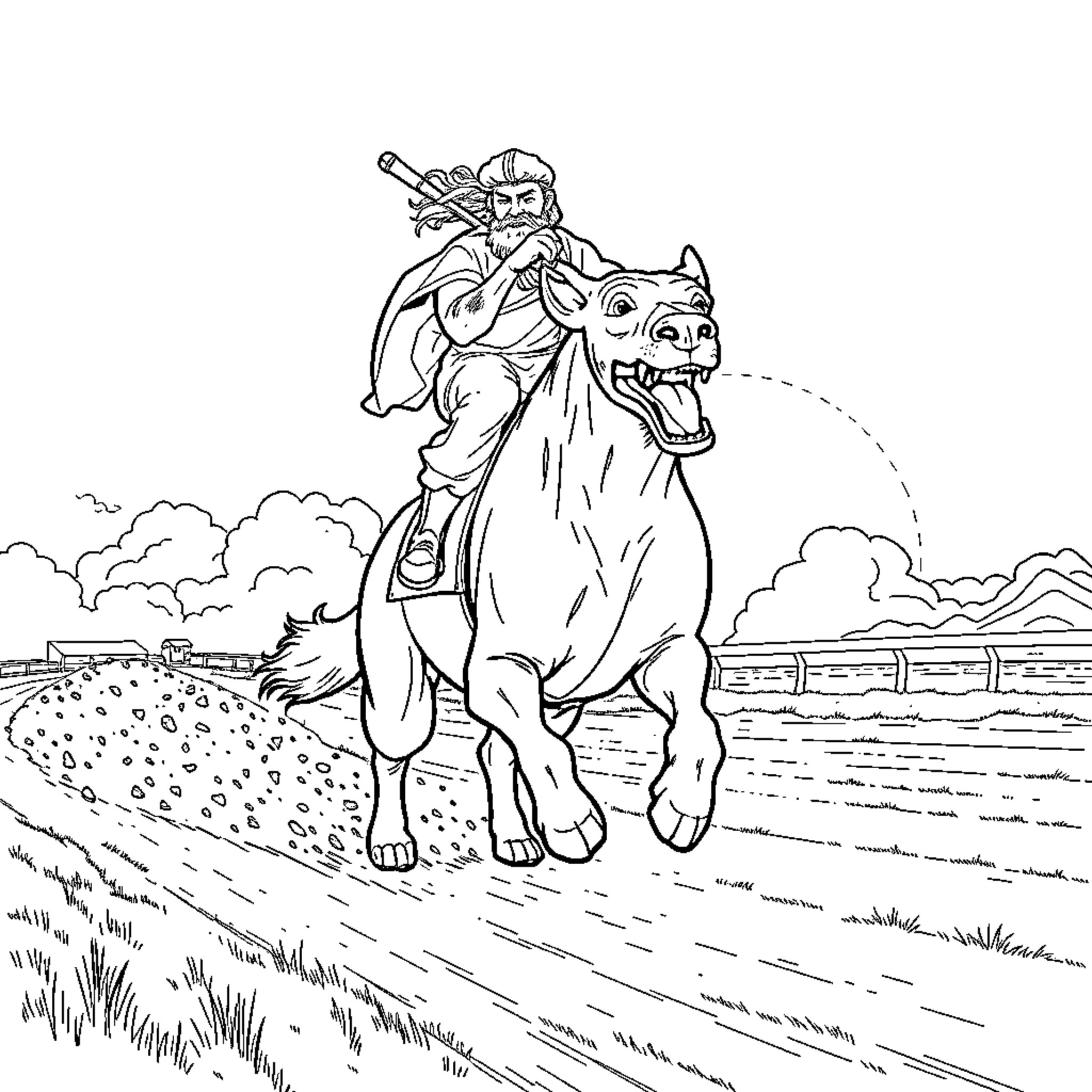 Euripides rides a mighty steed through the countryside Coloring Page (free black-and-white line drawing printable PDF for all, from beginners to advanced learners, including children, teens, adults, and seniors)