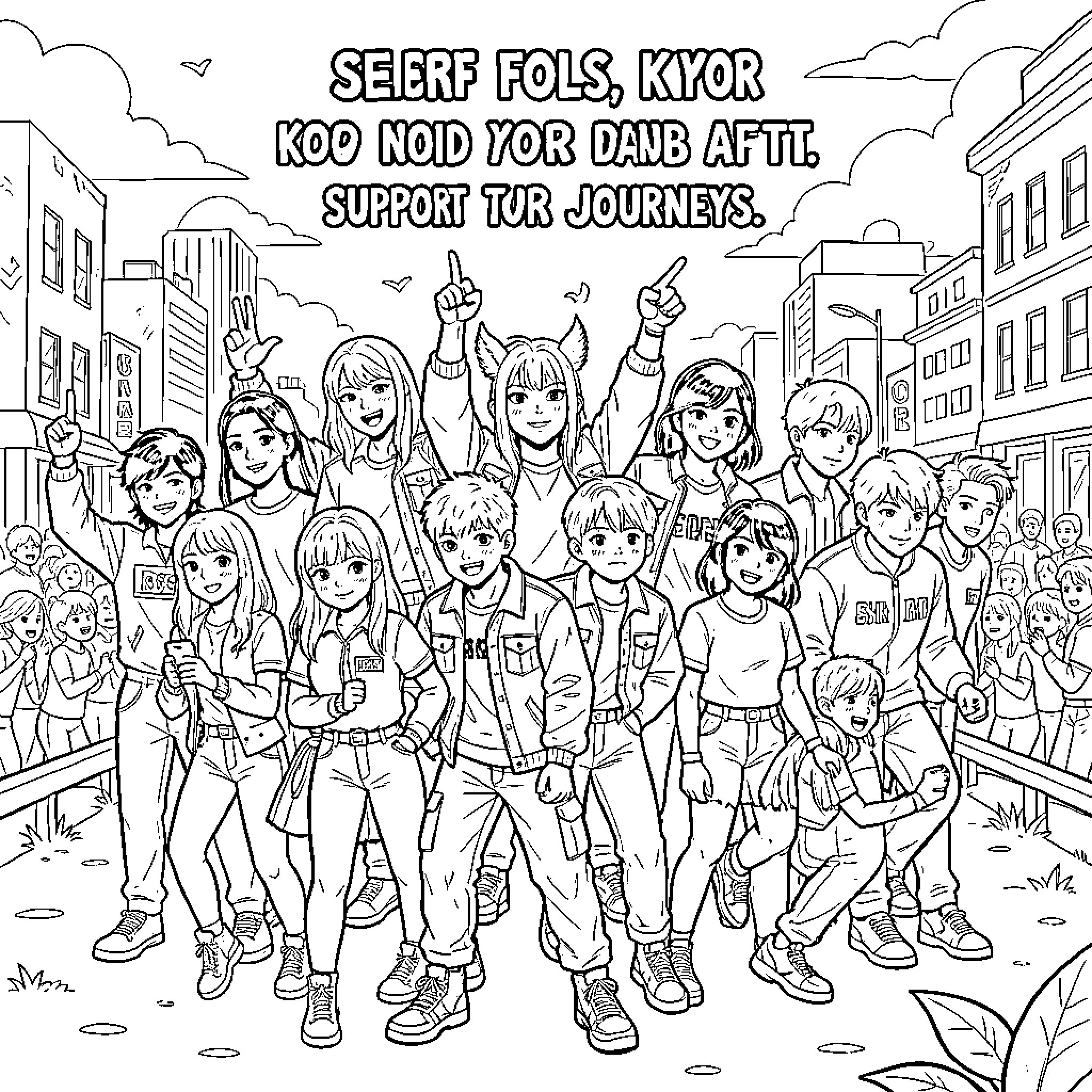 Kpop Hunter group of idols posing together happily Coloring Page (free black-and-white line drawing printable PDF for all, from beginners to advanced learners, including children, teens, adults, and seniors)