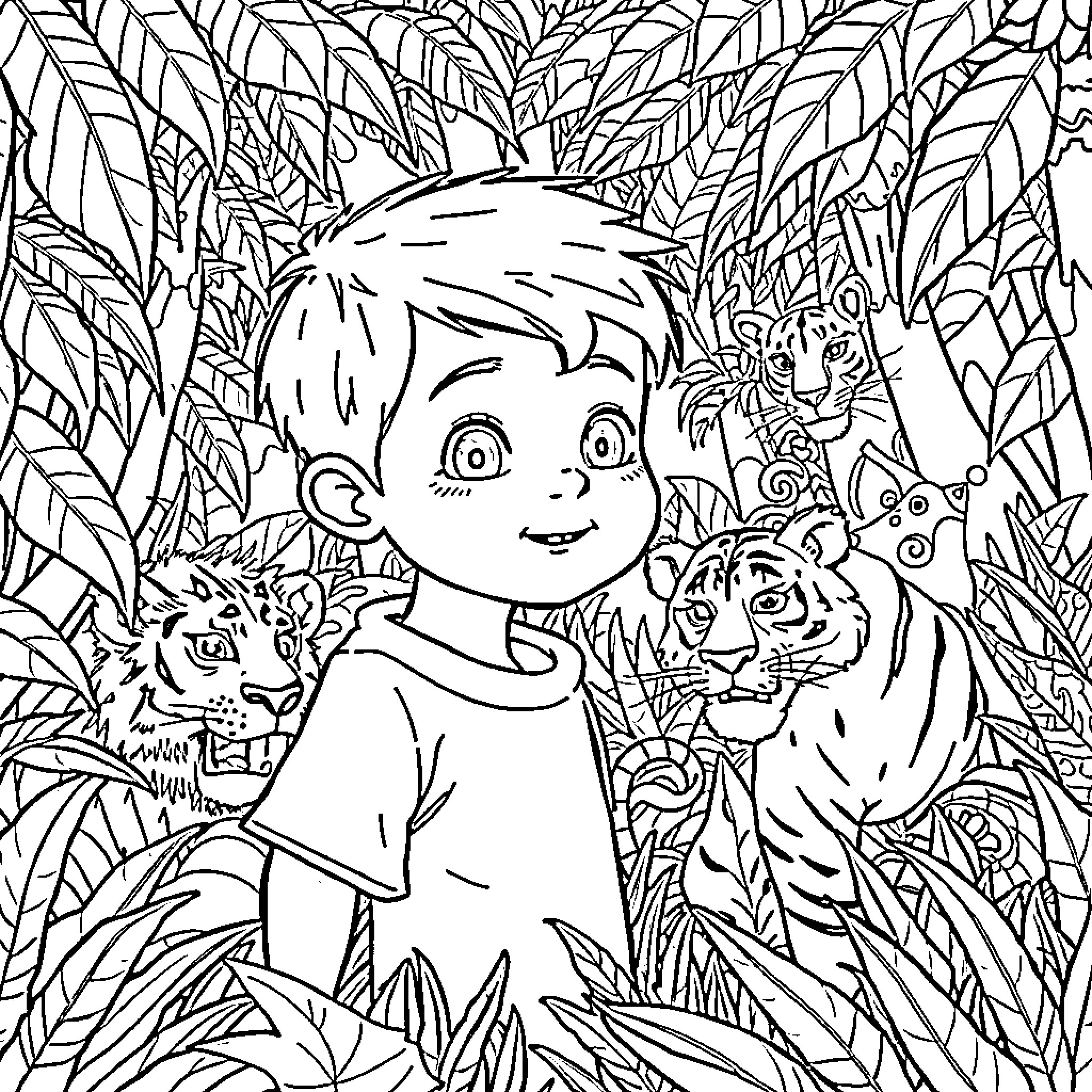 Boy exploring the jungle with wild animals Coloring Page (free black-and-white line drawing printable PDF for all, from beginners to advanced learners, including children, teens, adults, and seniors)