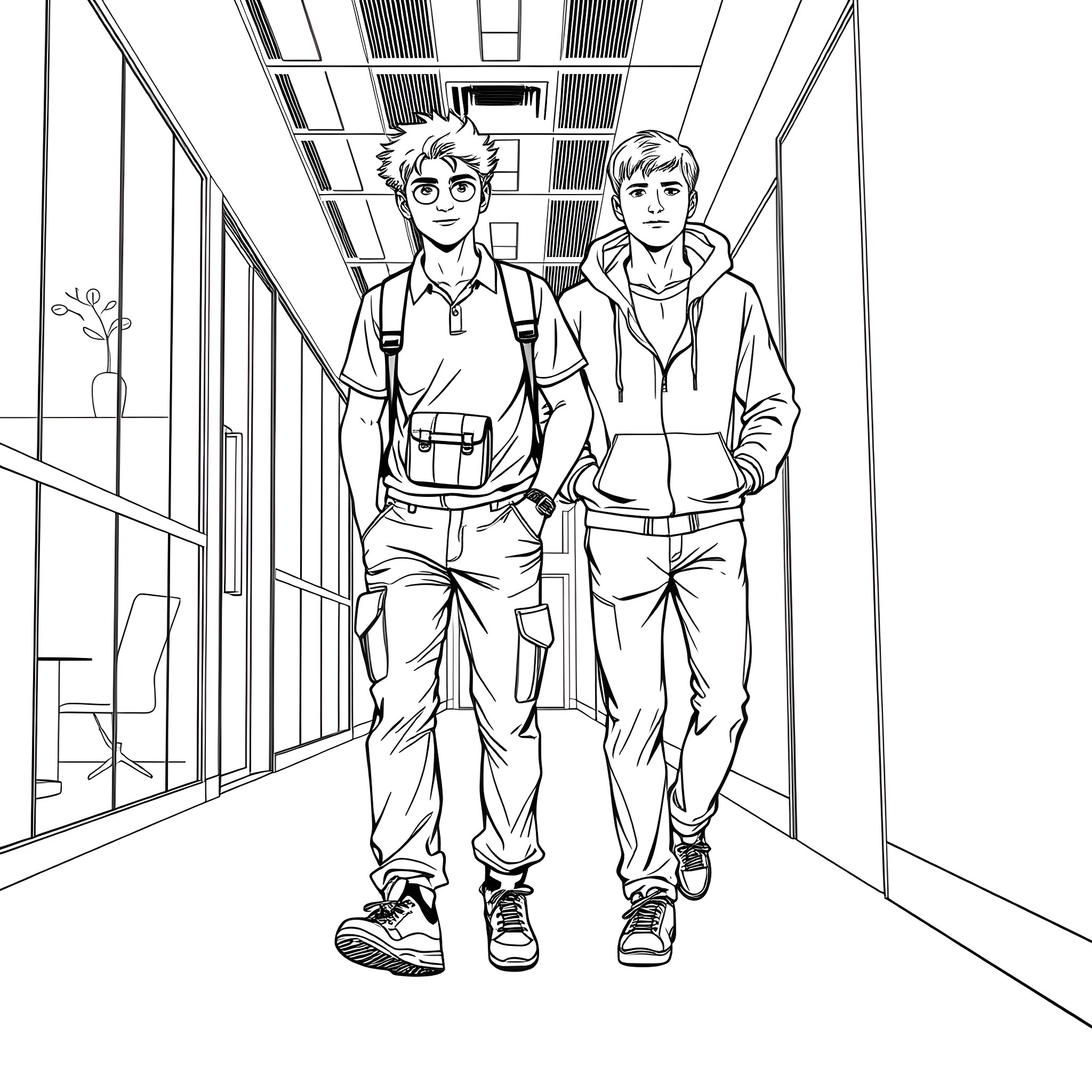 Teen Boys Walking Together in School Hallway Coloring Page (free black-and-white line drawing printable PDF for all, from beginners to advanced learners, including children, teens, adults, and seniors)