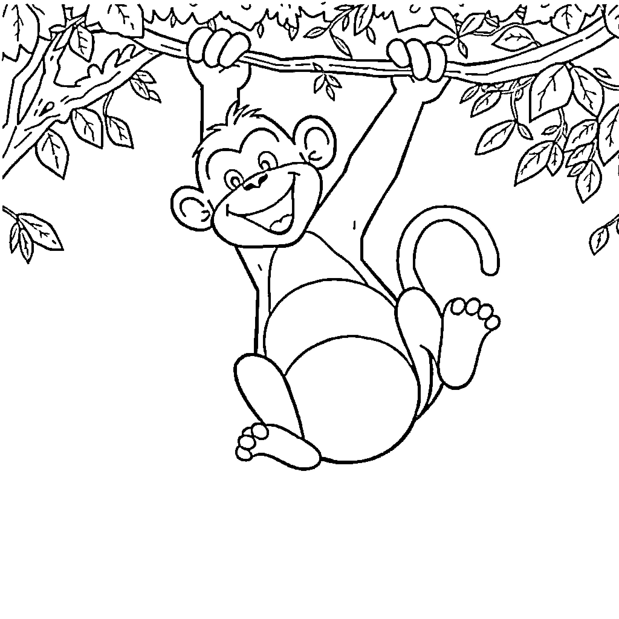 Monkey hanging happily from tree branch Coloring Page (free black-and-white line drawing printable PDF for all, from beginners to advanced learners, including children, teens, adults, and seniors)