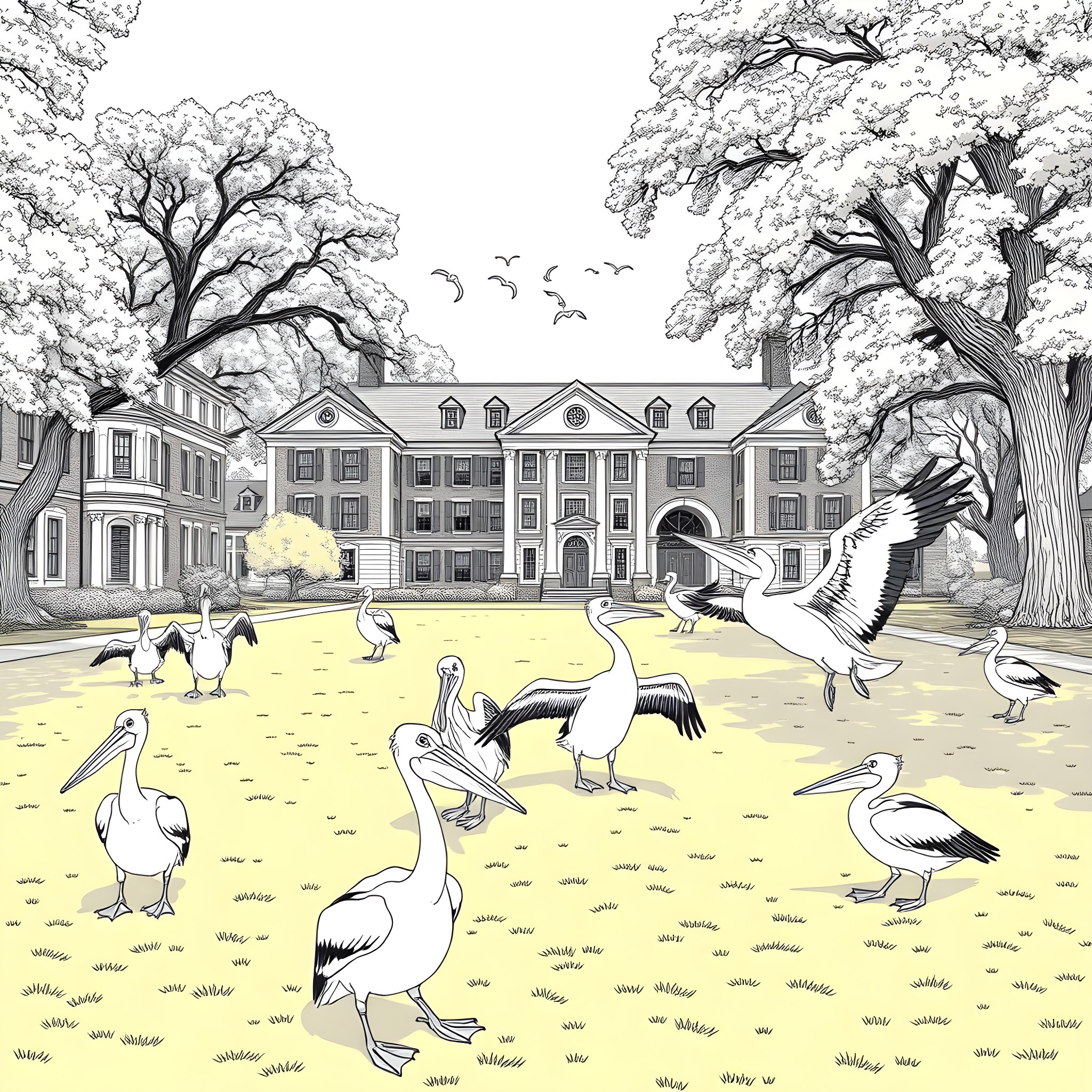 Pelicans gathering at a historic manor Coloring Page (free black-and-white line drawing printable PDF for all, from beginners to advanced learners, including children, teens, adults, and seniors)