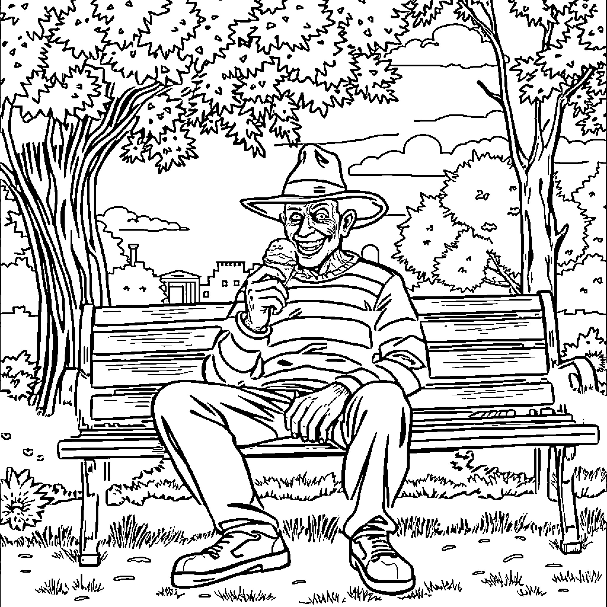 Freddy Krueger relaxing on a park bench Coloring Page (free black-and-white line drawing printable PDF for all, from beginners to advanced learners, including children, teens, adults, and seniors)