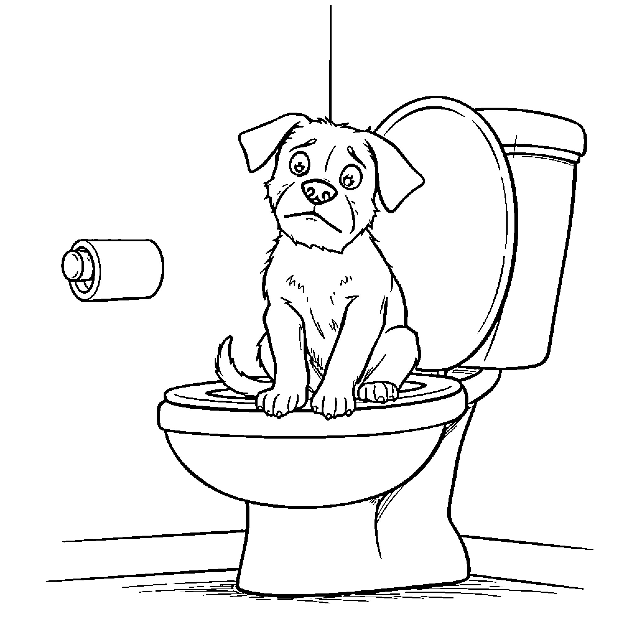 Dog sitting on toilet with curious expression Coloring Page (free black-and-white line drawing printable PDF for all, from beginners to advanced learners, including children, teens, adults, and seniors)