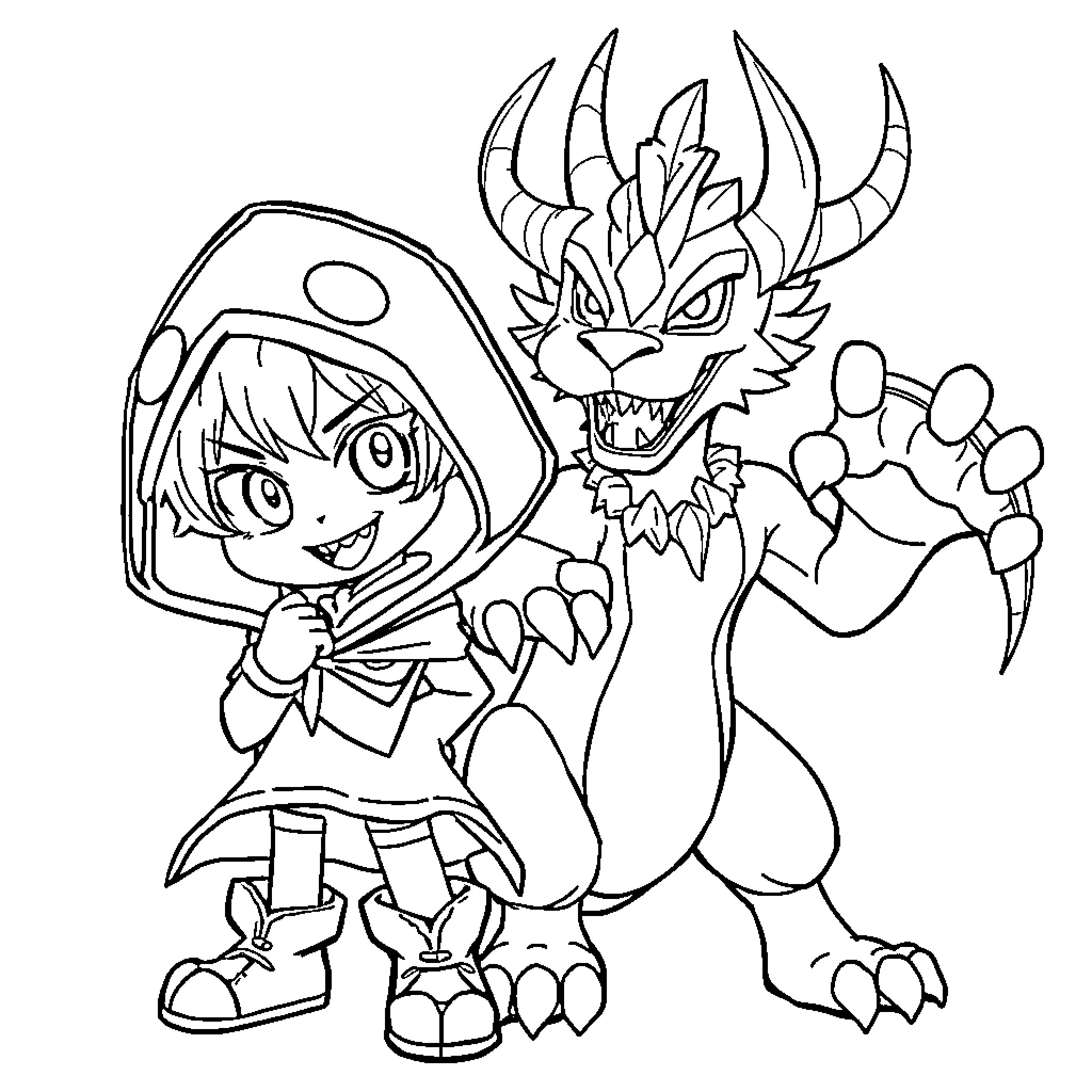 Kuromi and a Monstrous Companion in Playful Attire Coloring Page (free black-and-white line drawing printable PDF for all, from beginners to advanced learners, including children, teens, adults, and seniors)