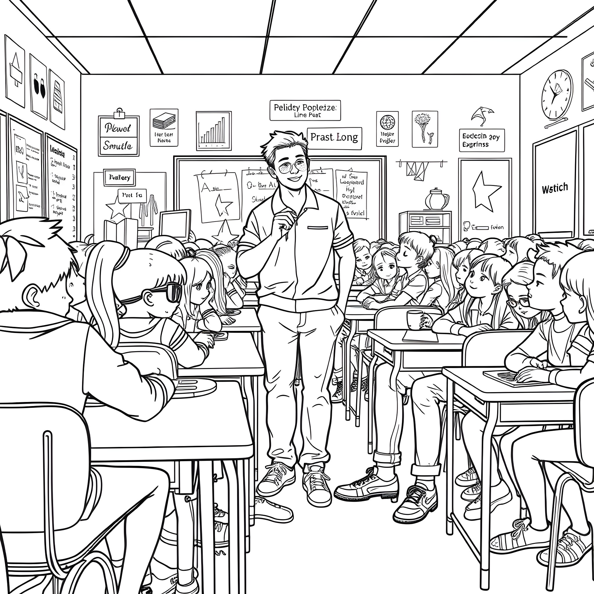 Classroom full of students paying attention to the teacher Coloring Page (free black-and-white line drawing printable PDF for all, from beginners to advanced learners, including children, teens, adults, and seniors)