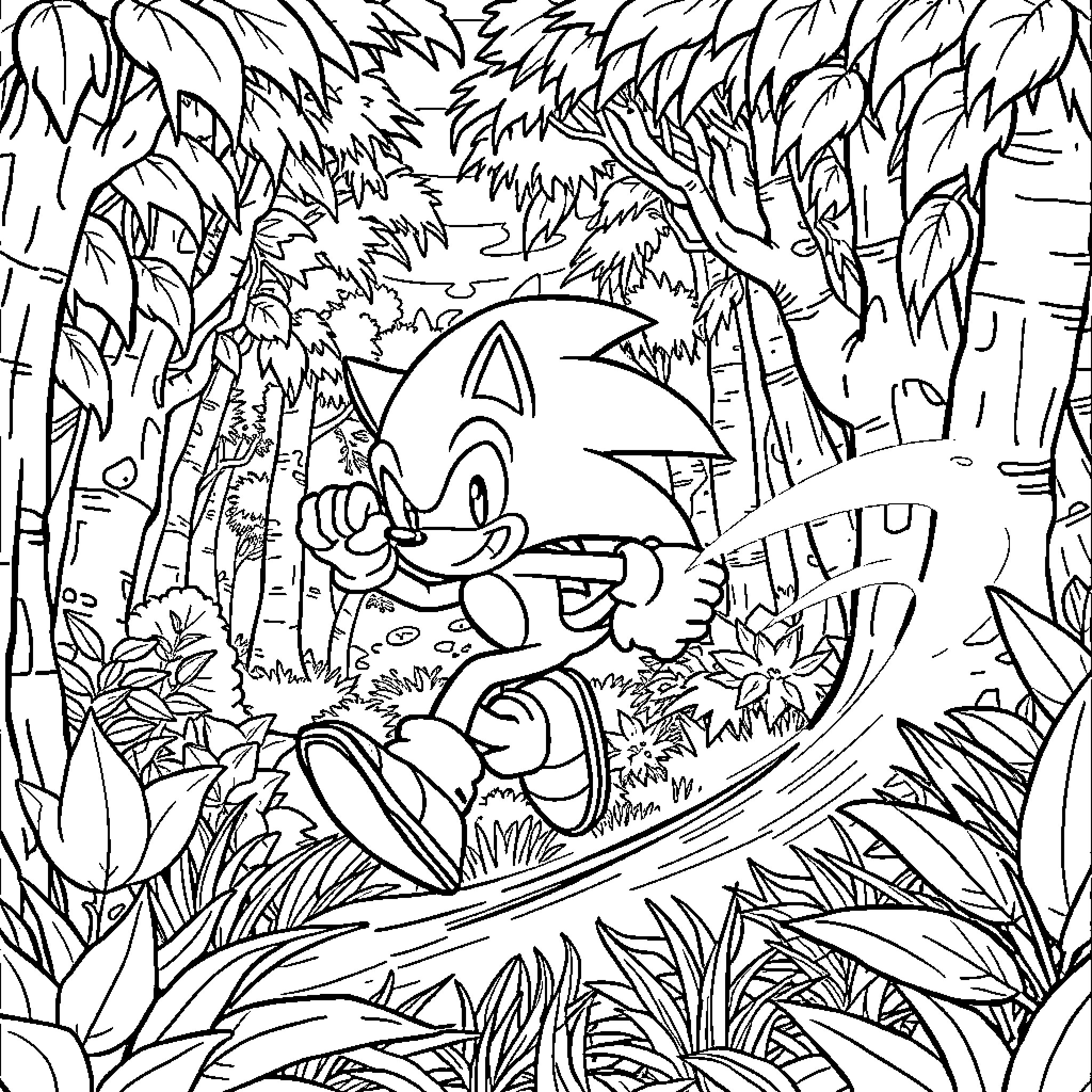 Sonic's Jungle Adventure Coloring Page (free black-and-white line drawing printable PDF for all, from beginners to advanced learners, including children, teens, adults, and seniors)