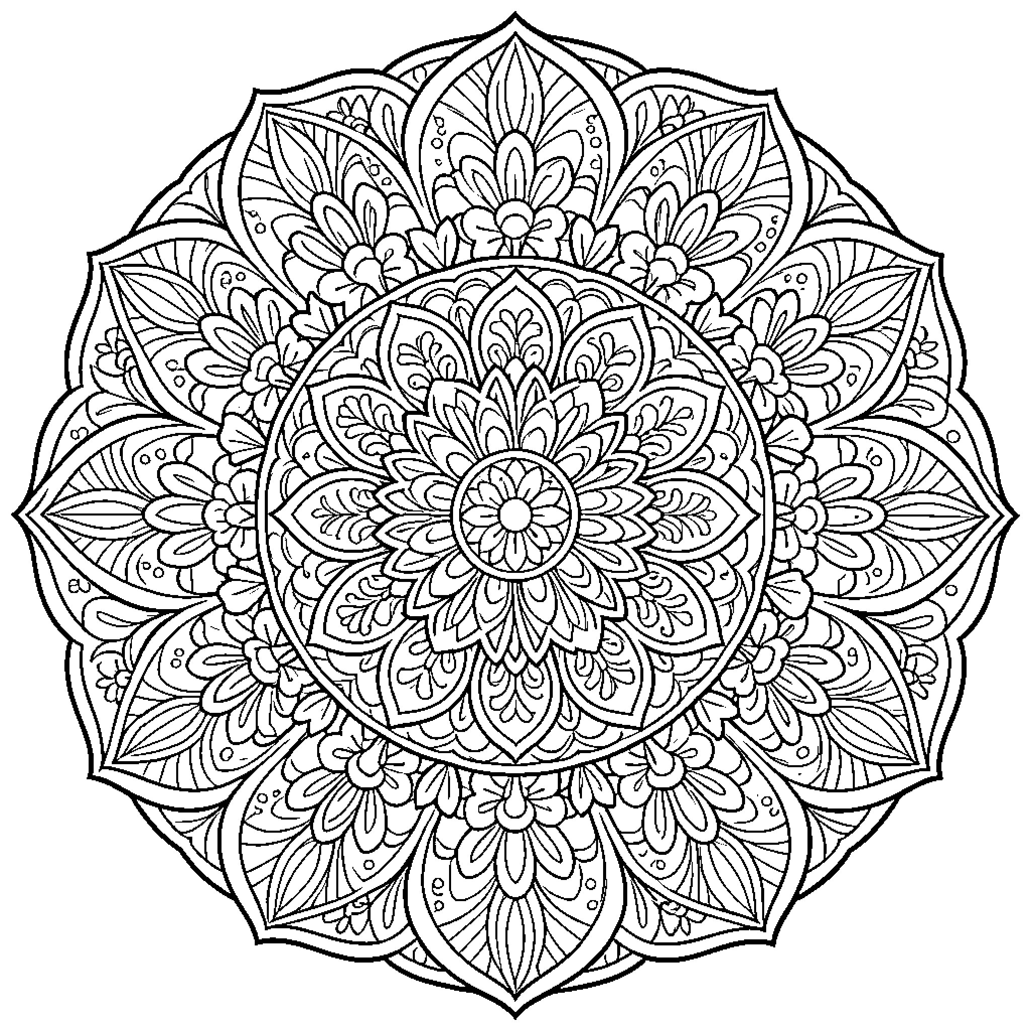 Mandala of intricate floral patterns Coloring Page (free black-and-white line drawing printable PDF for all, from beginners to advanced learners, including children, teens, adults, and seniors)
