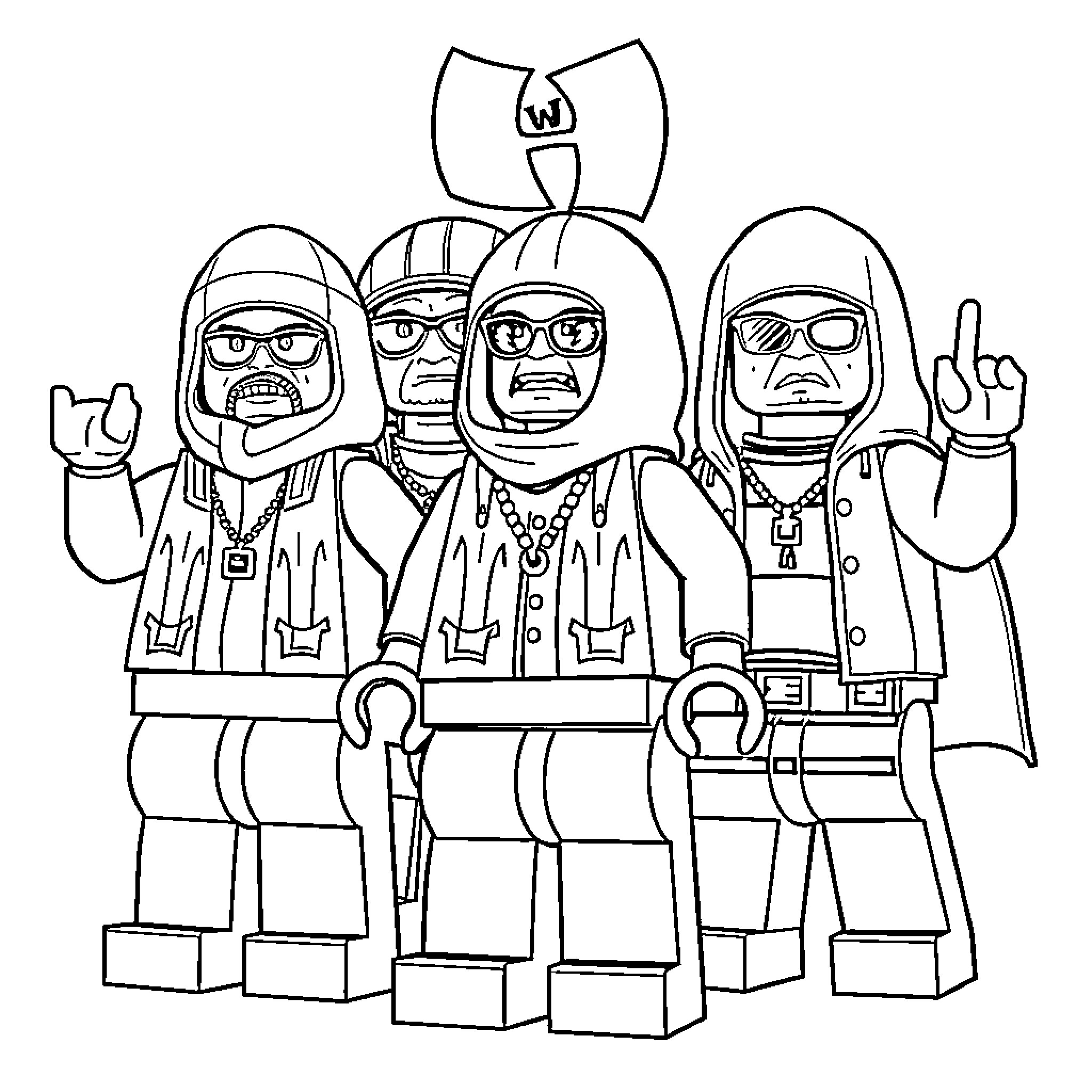 Wu-Tang Clan Members Posing in Iconic Outfits Coloring Page (free black-and-white line drawing printable PDF for all, from beginners to advanced learners, including children, teens, adults, and seniors)