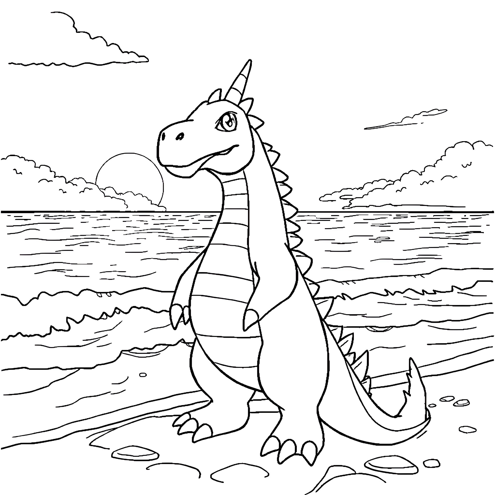 Nidoking enjoying a sunny day by the sea Coloring Page (free black-and-white line drawing printable PDF for all, from beginners to advanced learners, including children, teens, adults, and seniors)