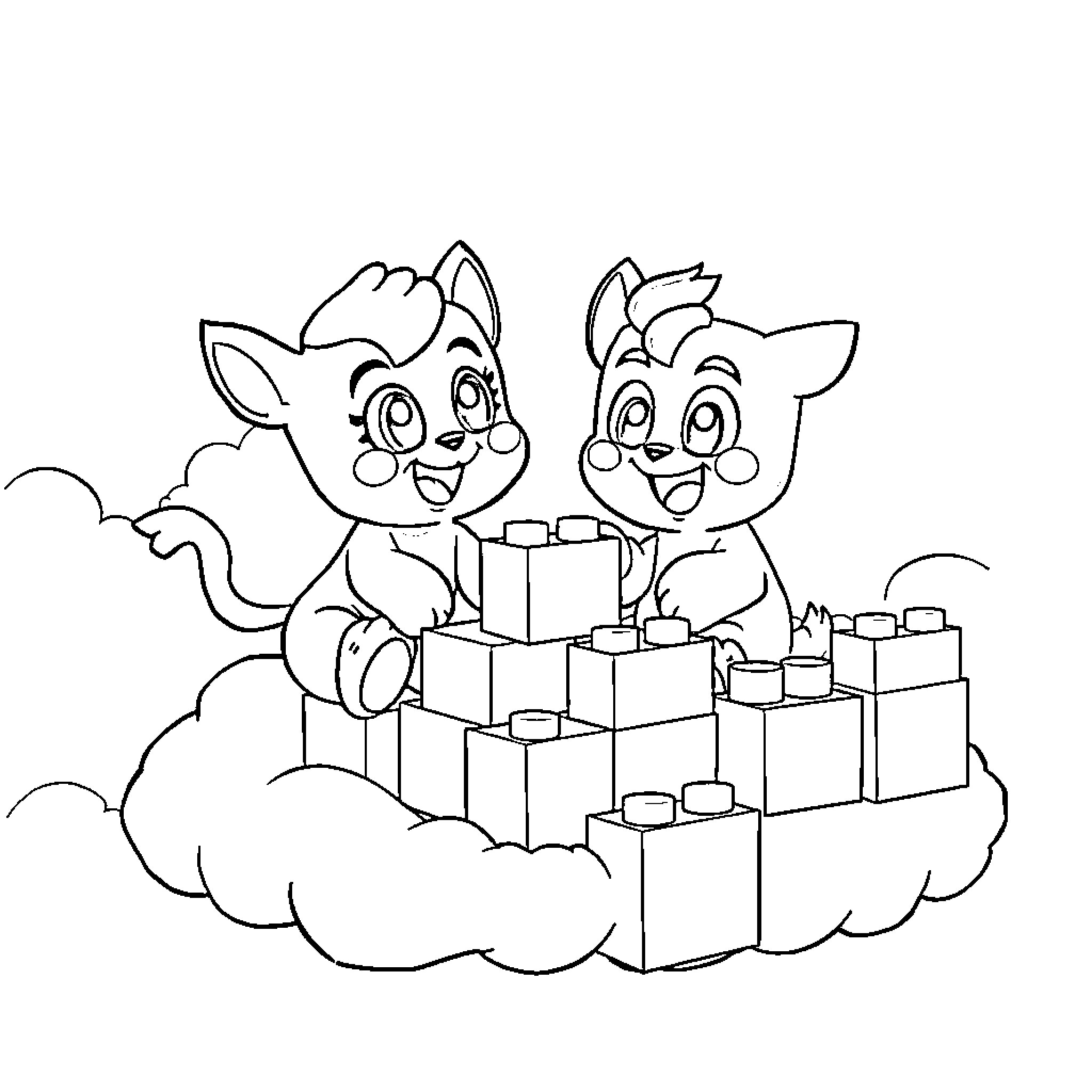 Bluey and Bingo building a castle in the sky Coloring Page (free black-and-white line drawing printable PDF for all, from beginners to advanced learners, including children, teens, adults, and seniors)