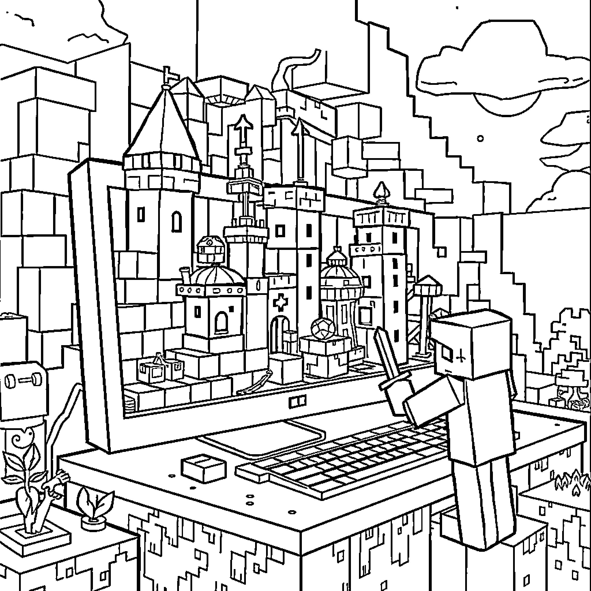 Minecraft cityscape with buildings and computer display Coloring Page (free black-and-white line drawing printable PDF for all, from beginners to advanced learners, including children, teens, adults, and seniors)