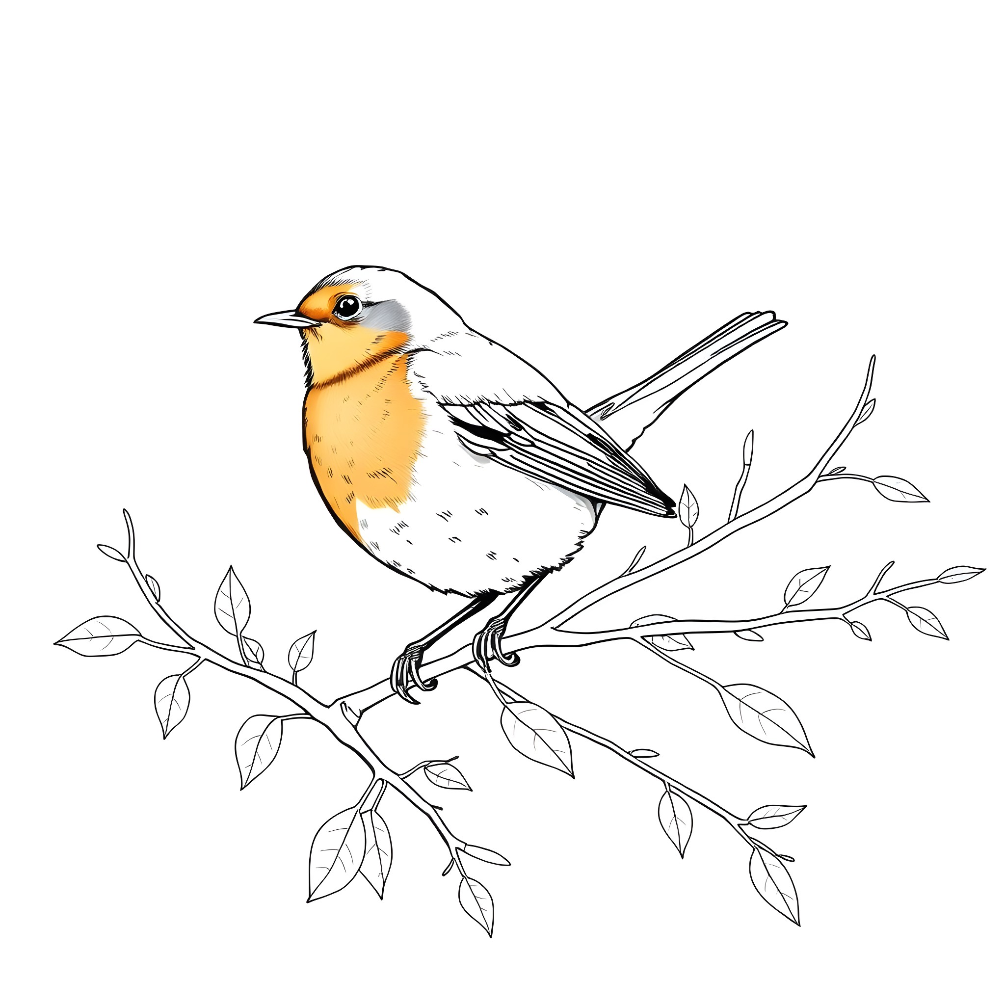 Robin perched on a leafy branch Coloring Page (free black-and-white line drawing printable PDF for all, from beginners to advanced learners, including children, teens, adults, and seniors)