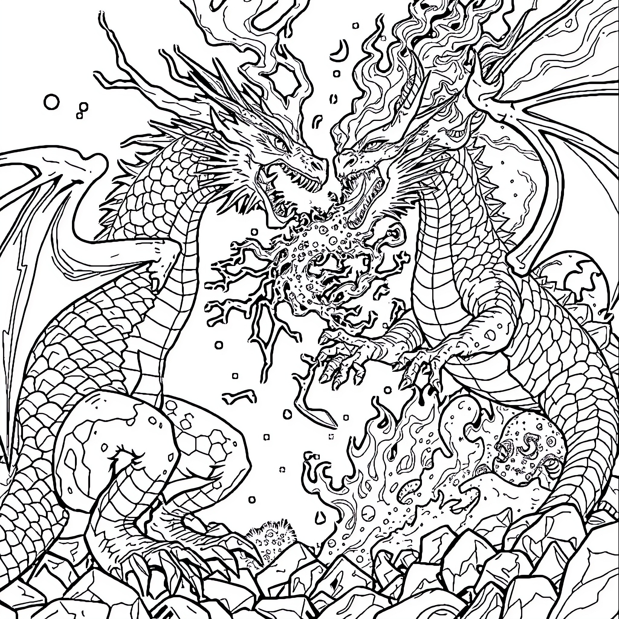 Dragon Unleashing Fiery Might in Fantastical Realm Coloring Page (free black-and-white line drawing printable PDF for all, from beginners to advanced learners, including children, teens, adults, and seniors)