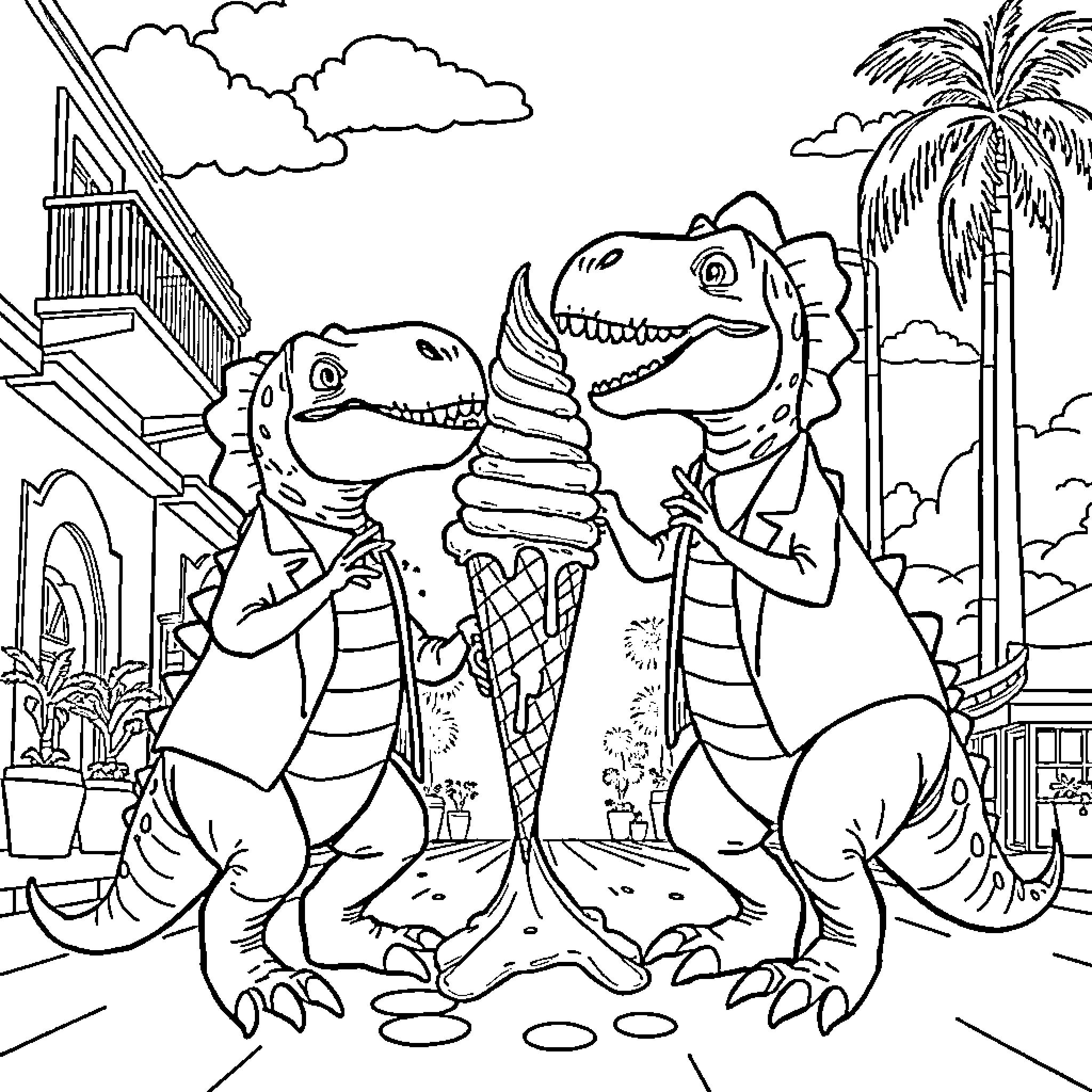 Dinosaurs enjoying ice cream cones in tropical setting Coloring Page (free black-and-white line drawing printable PDF for all, from beginners to advanced learners, including children, teens, adults, and seniors)