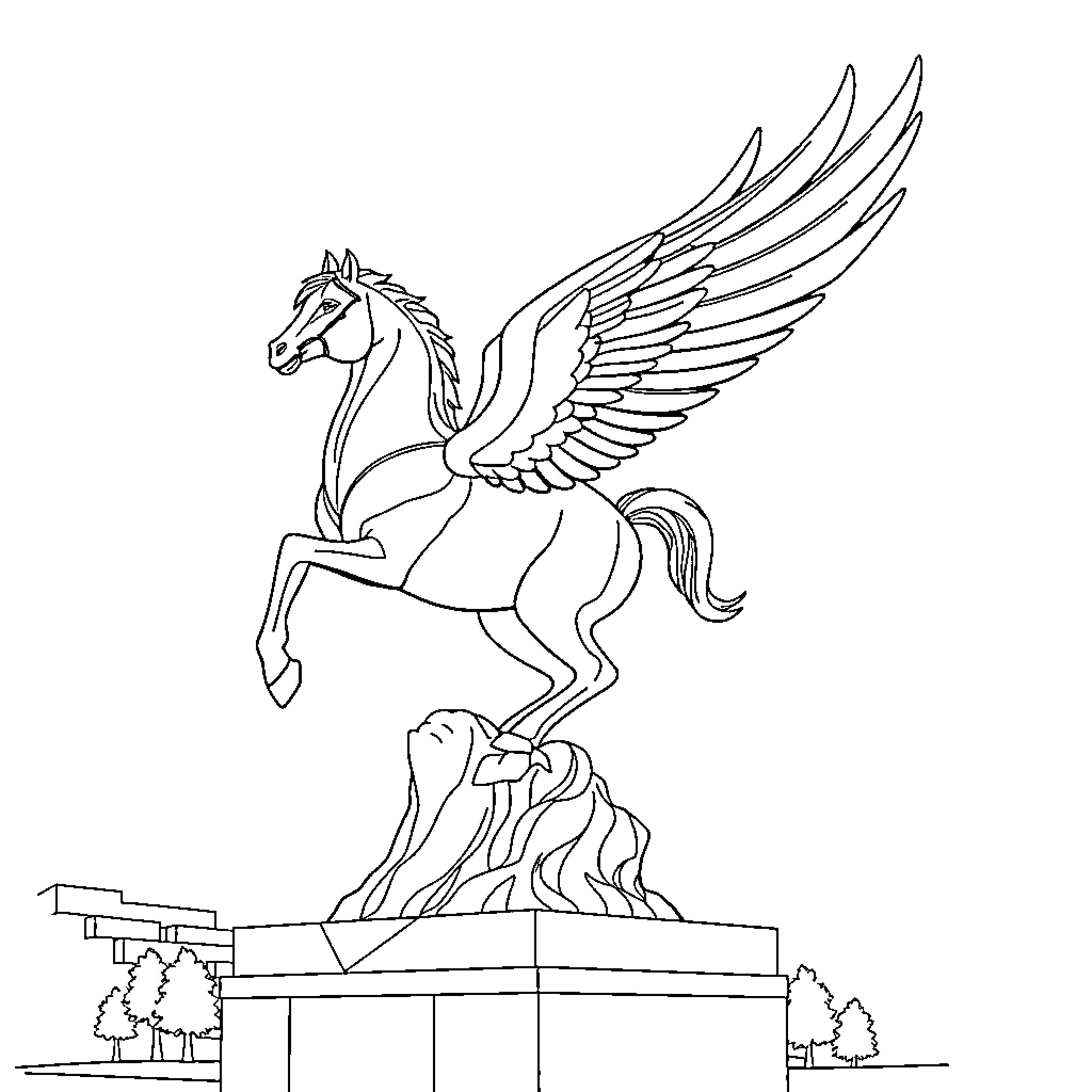 Pegasus soaring majestically over a rocky landscape Coloring Page (free black-and-white line drawing printable PDF for all, from beginners to advanced learners, including children, teens, adults, and seniors)