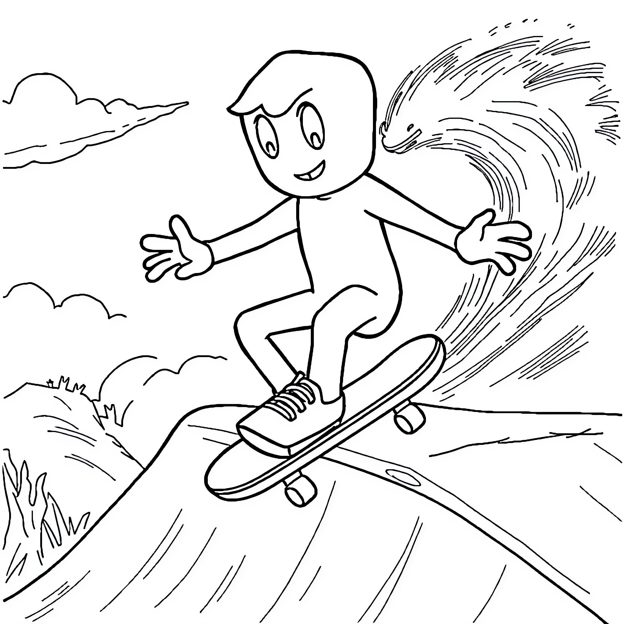 Gumby enjoying a thrilling skateboard ride Coloring Page (free black-and-white line drawing printable PDF for all, from beginners to advanced learners, including children, teens, adults, and seniors)