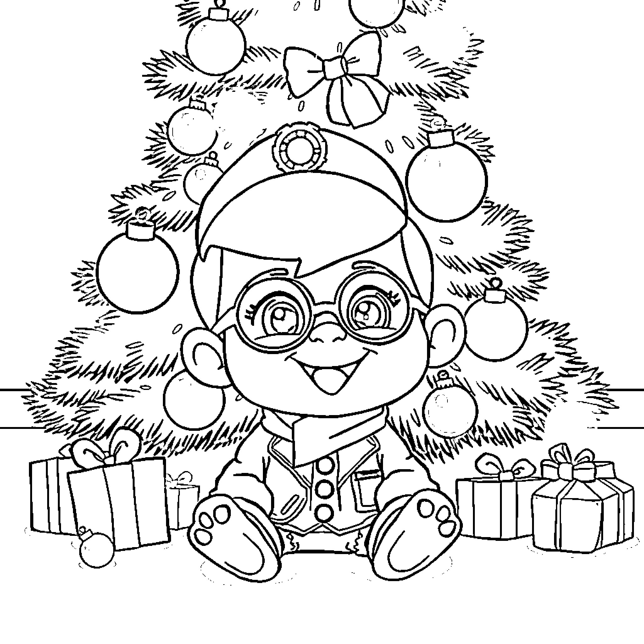 Inspector Gadget Celebrates Christmas with Gifts and Ornaments Coloring Page (free black-and-white line drawing printable PDF for all, from beginners to advanced learners, including children, teens, adults, and seniors)