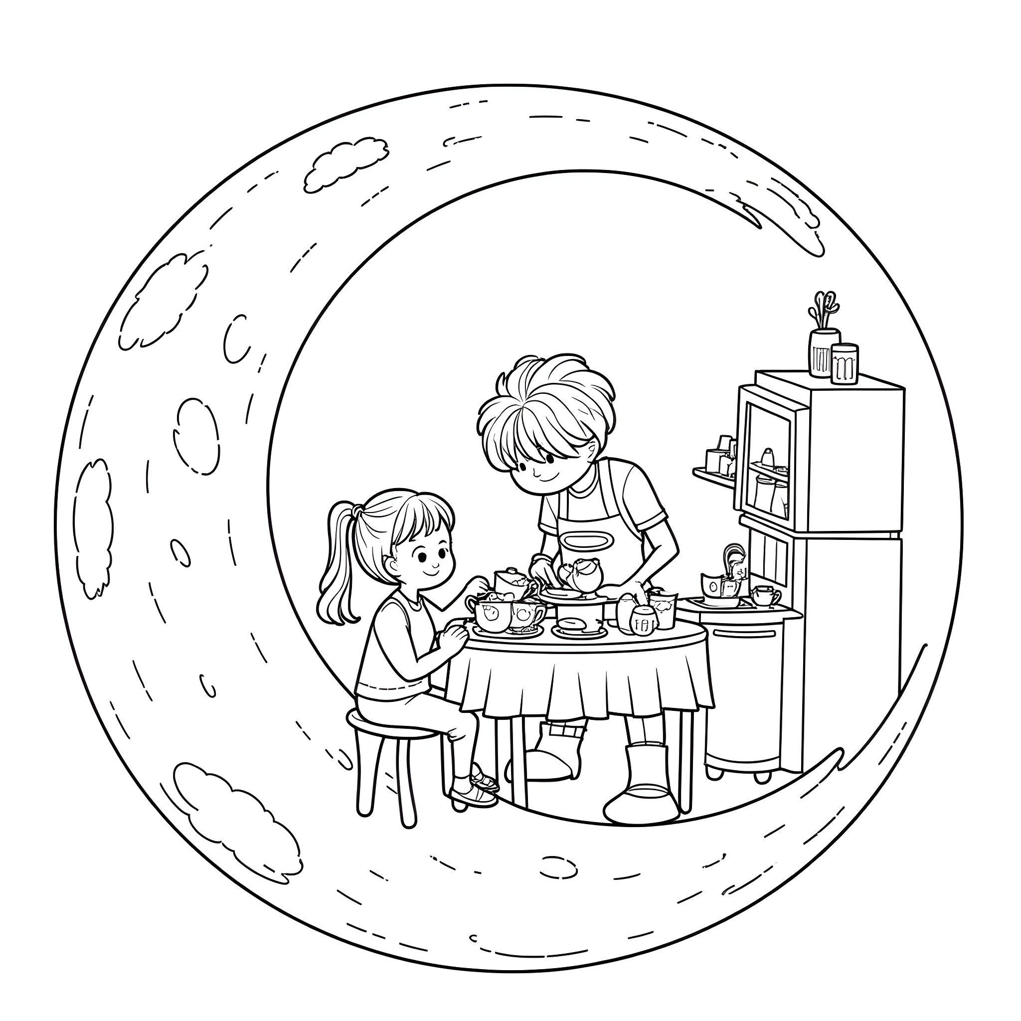 Tea Party under the Moonlight Coloring Page (free black-and-white line drawing printable PDF for all, from beginners to advanced learners, including children, teens, adults, and seniors)